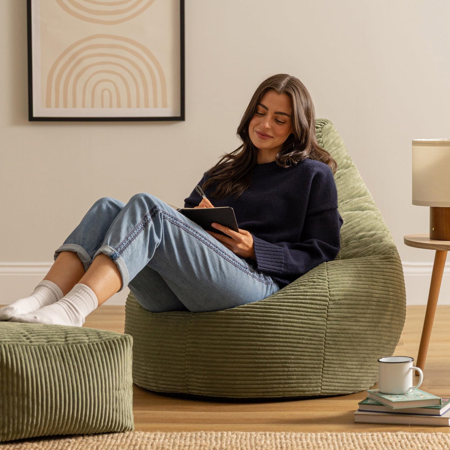 icon Dalton Cord Bean Bag & Footstool with Filling Included, Green