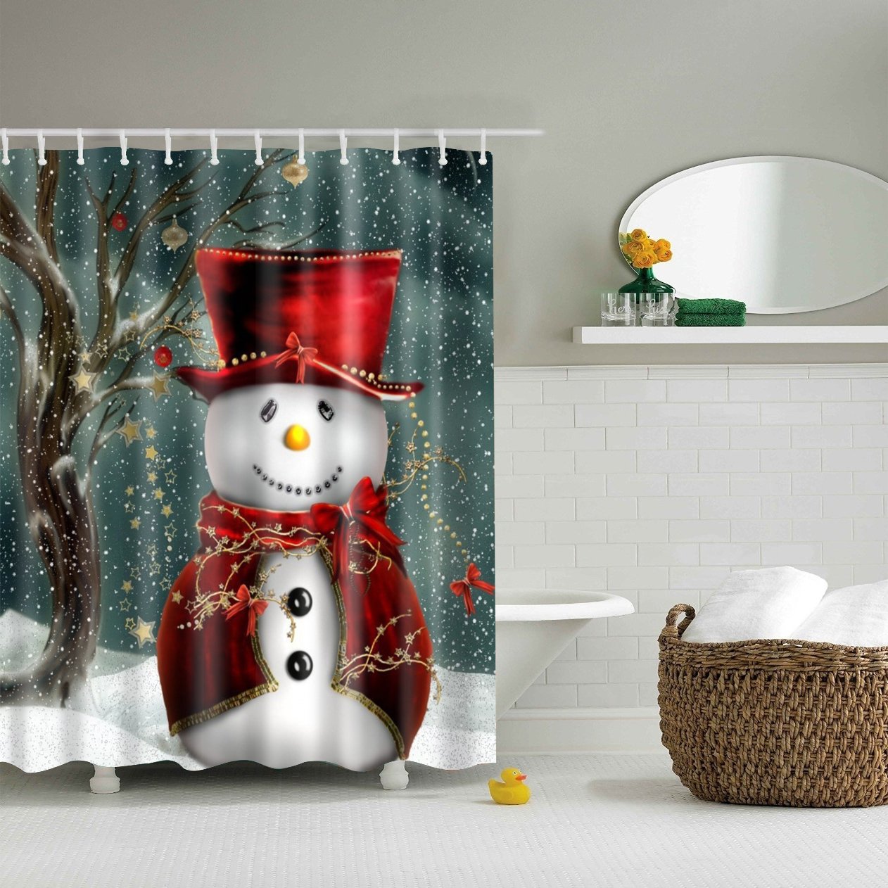 JameStyle26 Weichtsmann Shower Curtain Christmas Tree Snowman Xmas Christmas Tree Curtain Digital Print Including Curtain Rings Anti Mould Bathroom