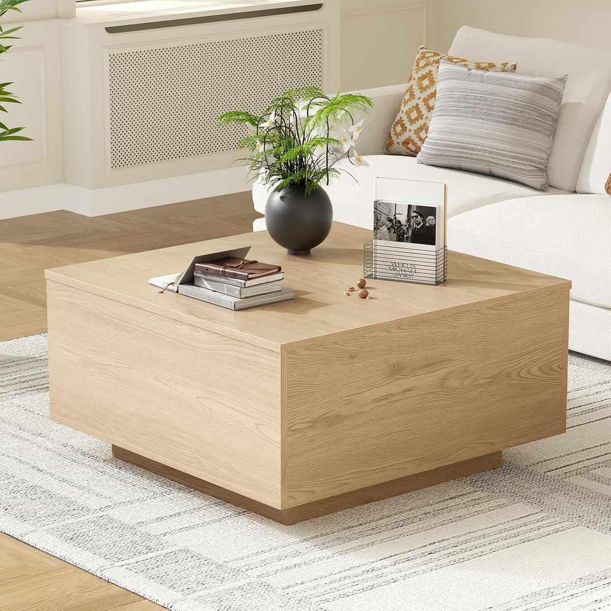 Mossora Natural Lift Top Coffee Table with Hidden Storage, 80 * 80 * 40cm