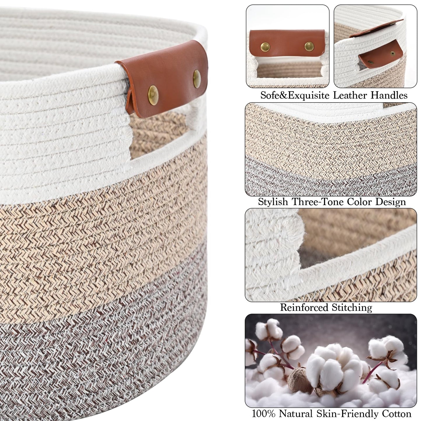Cotton Rope Storage Basket Woven Shelf Storage Bin with Detachable Leather Handles, Decorative Closet Shelf Woven Basket (Gradient Brown 3PACK)