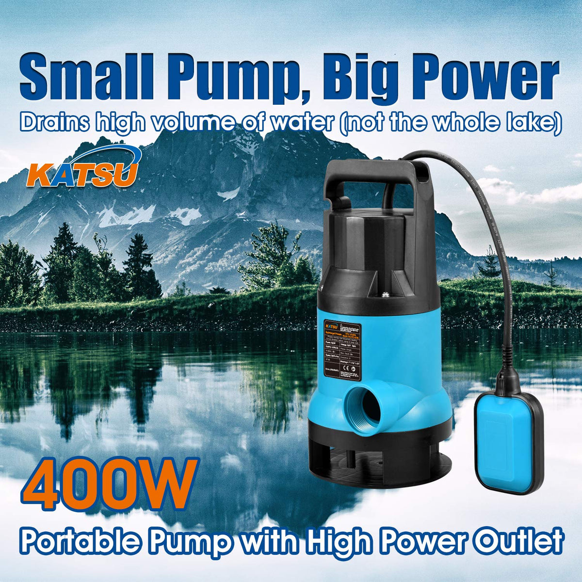 KATSU 400W Portable Submersible Pump for Clean and Dirty Water 8000L/h for Garden Pond, Pools, Ditches + 10m 1" PVC Hose + Quick Coupler Connector +