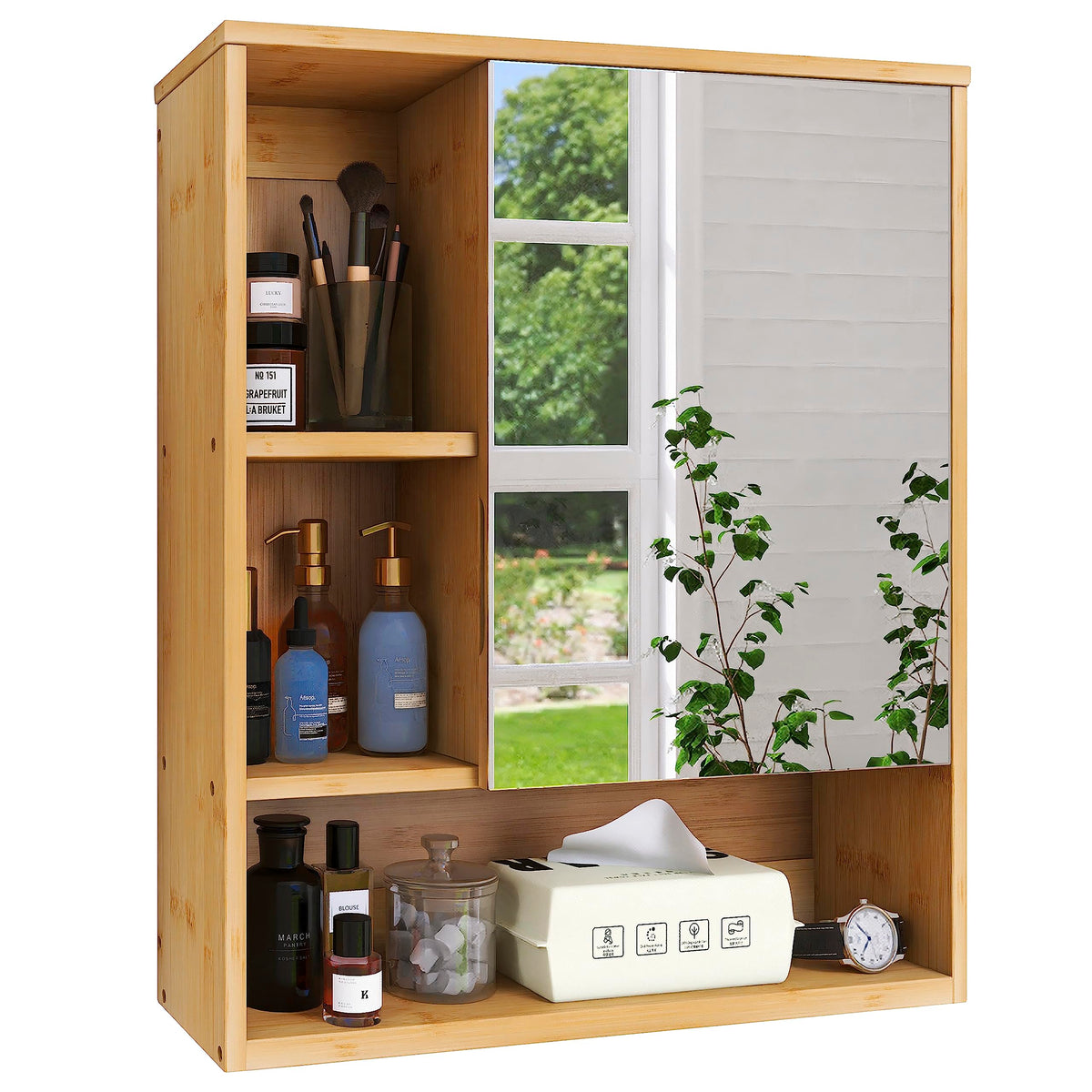 SMIBUY Bathroom Mirror Cabinet Wall Mounted, Bamboo Space Saver Medicine Cabinet, Wall Hanging Over Toilet Storage Cabinet with Mirror Door and