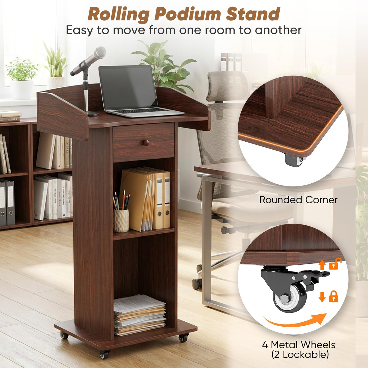 Suuiwau Podium Stand with Wheels & Concealed Cable Hole for Mics
