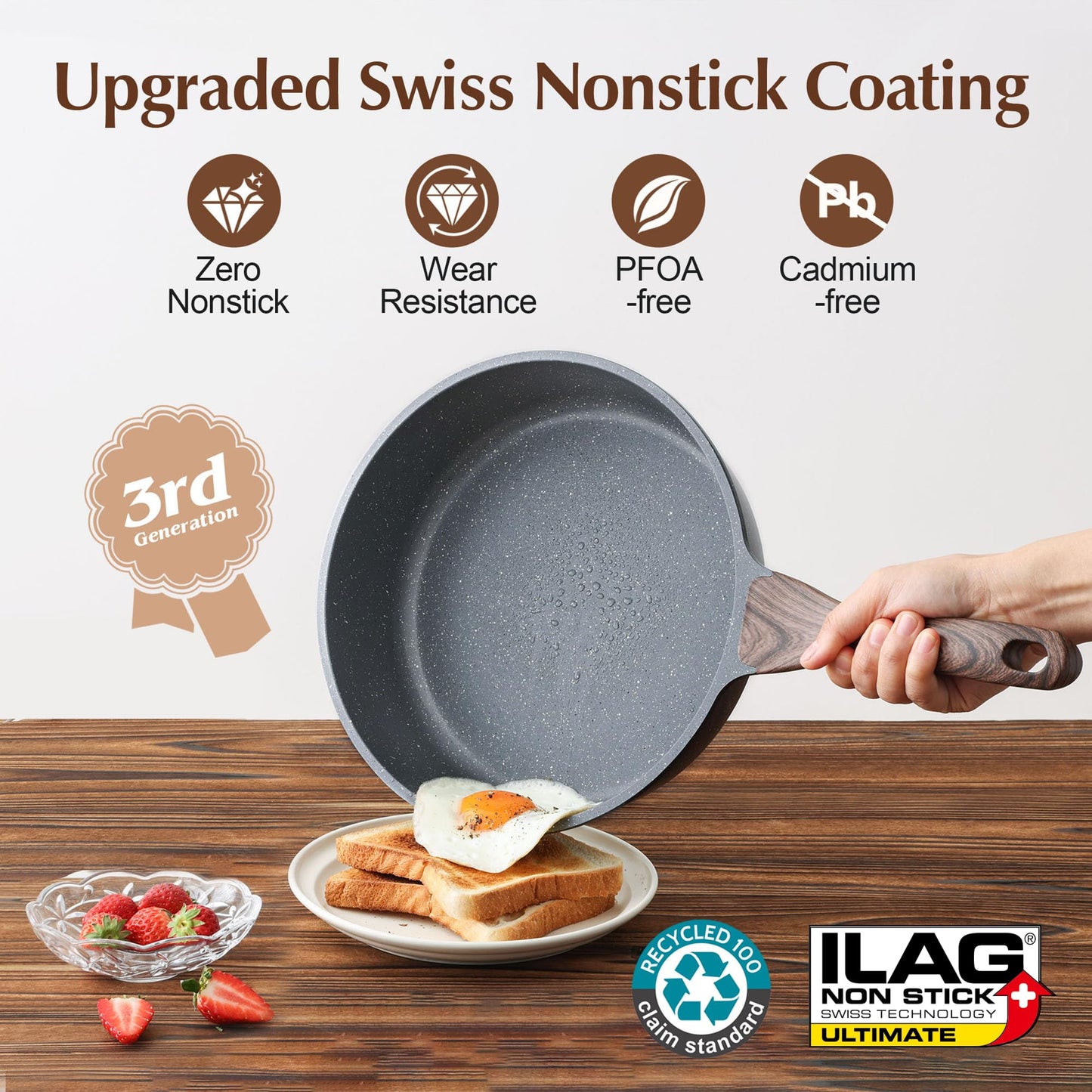 SENSARTE Nonstick Deep Frying Pan Skillet, 26 cm/4 Litre Frying Pan with Lid, Stay-Cool Handle, Chef Pan Healthy Stone Cookware Cooking Pan, Induction