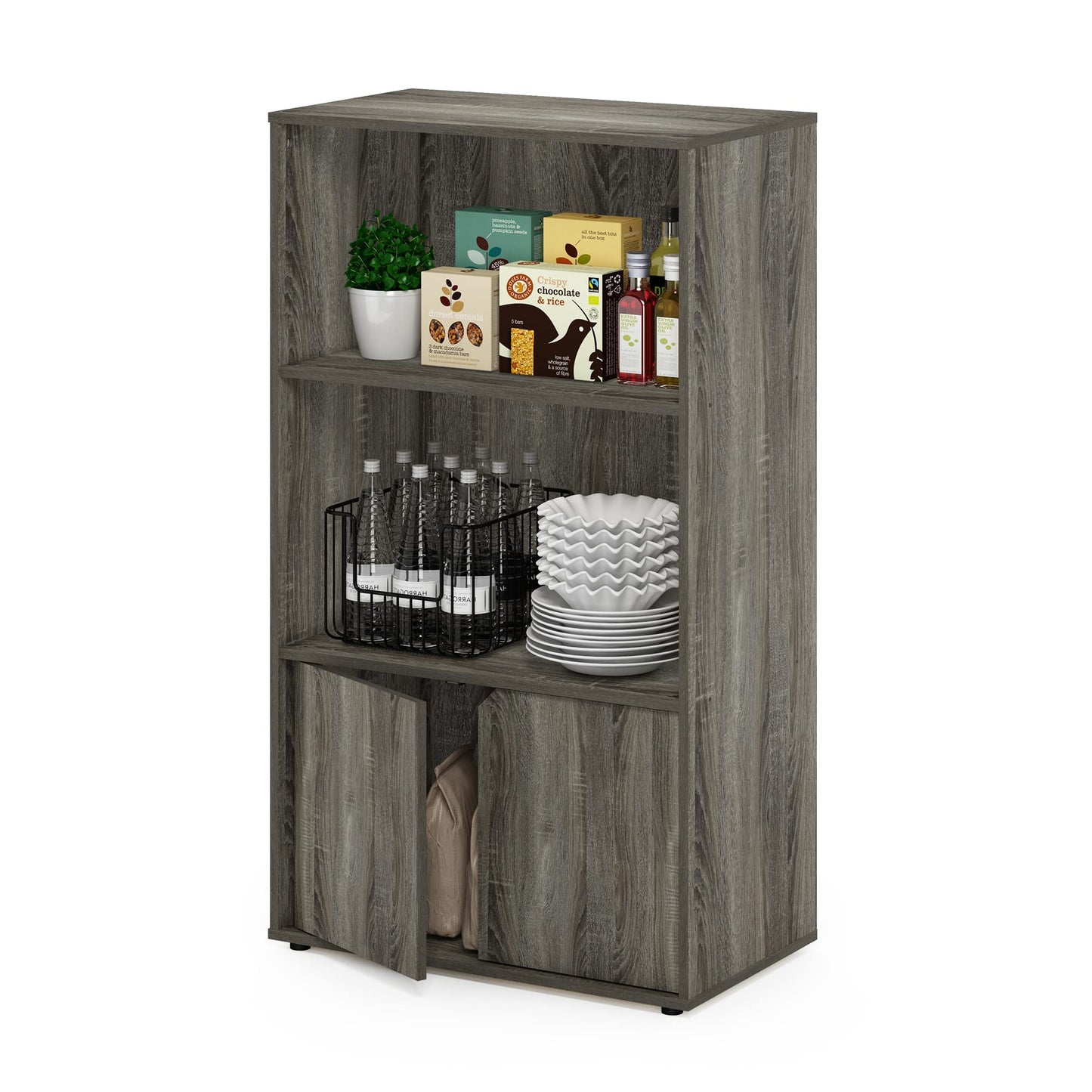 Furinno JAYA Pantry Organizers, 3-Tier Kitchen Cabinet, Coffee Bar, Kitchen Storage with Open Shelves and Closed Cabinet, for Pantry Organizers and