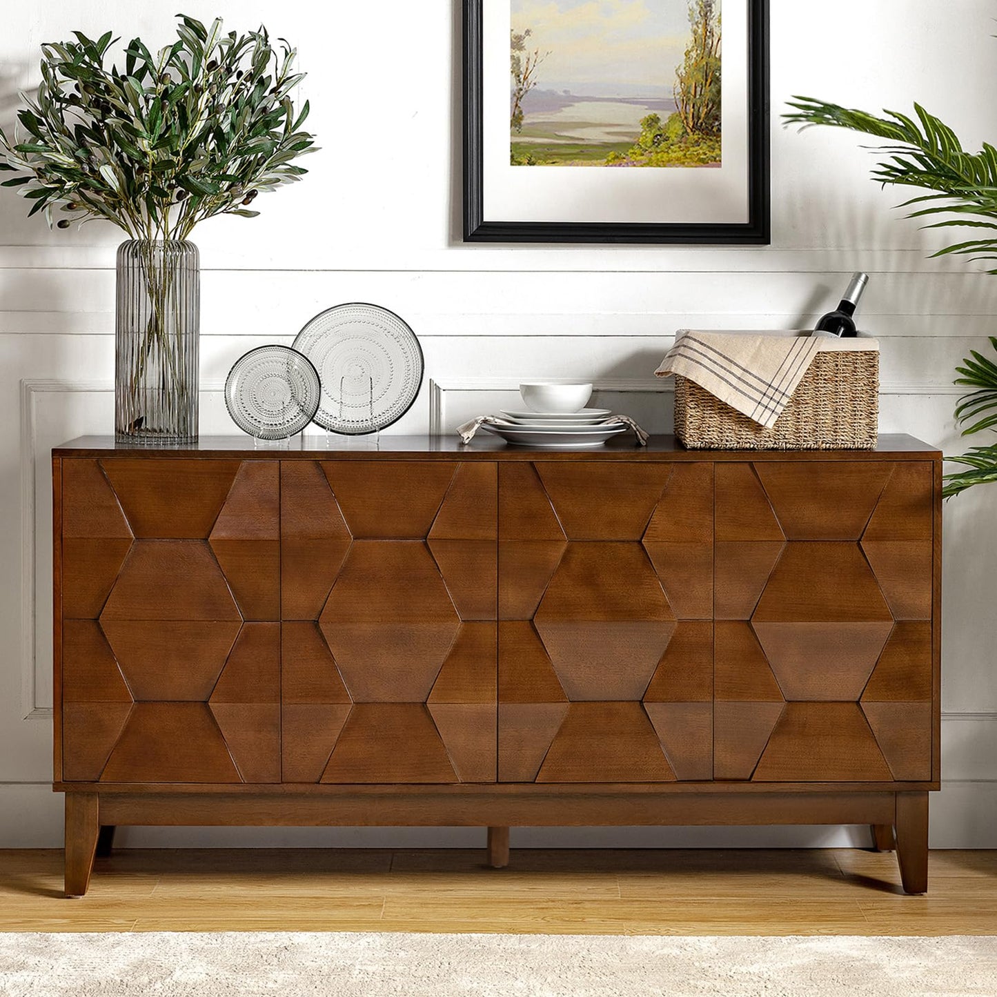 HULALA HOME 152 cm Wooden Sideboard Cabinet with Adjustable Shelves, Walnut