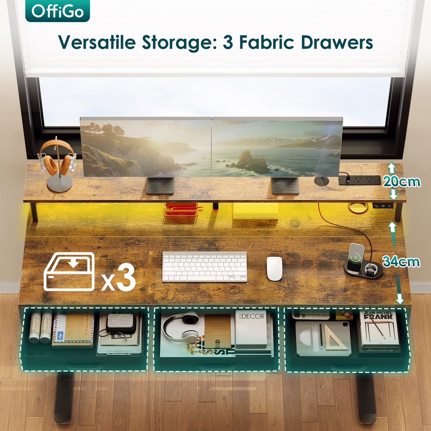 OffiGo Standing Desk with 3 Storage Drawers, 140cm Height Adjustable Desk