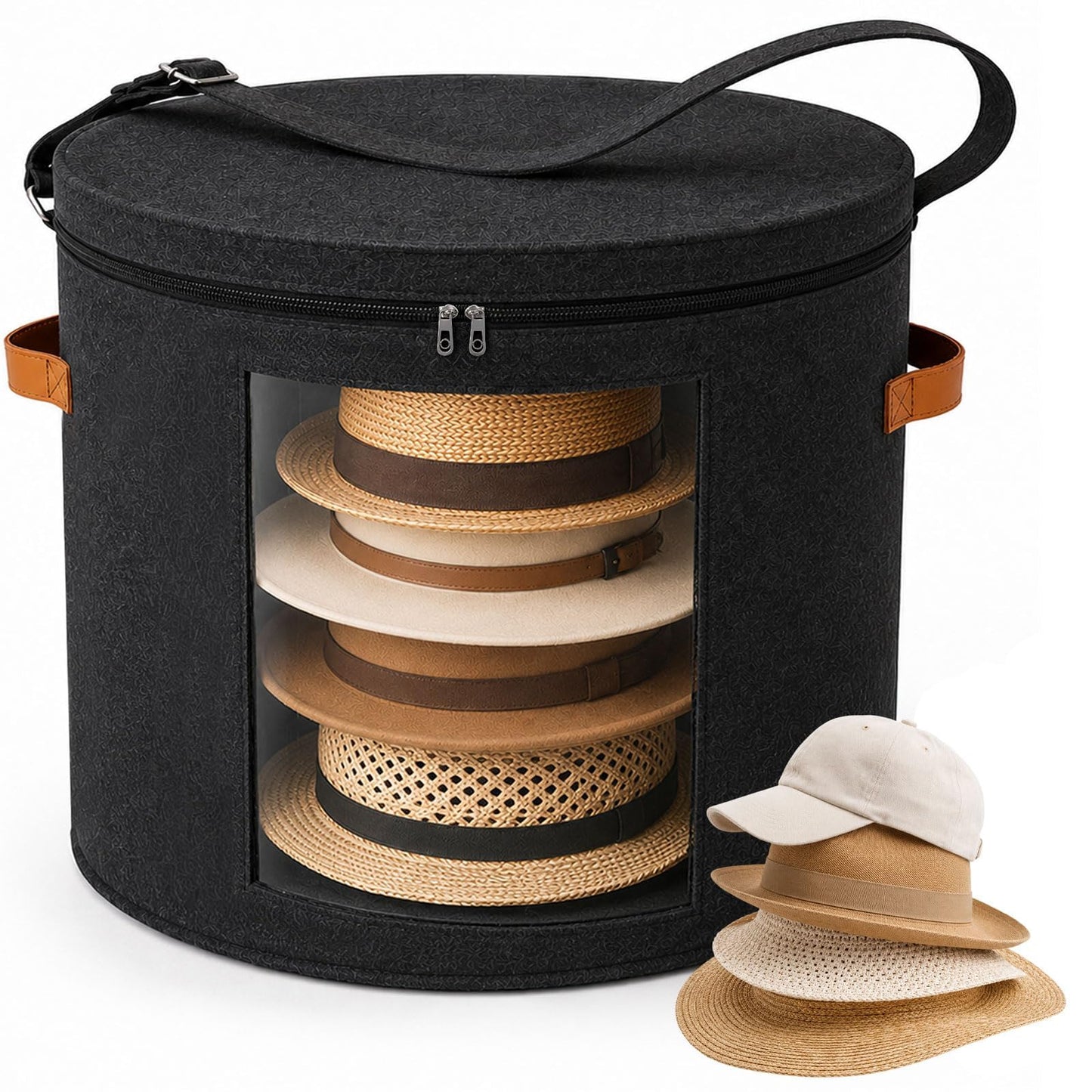 Hat Storage Box with Lid, 48x42cm Extra Large Round Felt Case with Handles