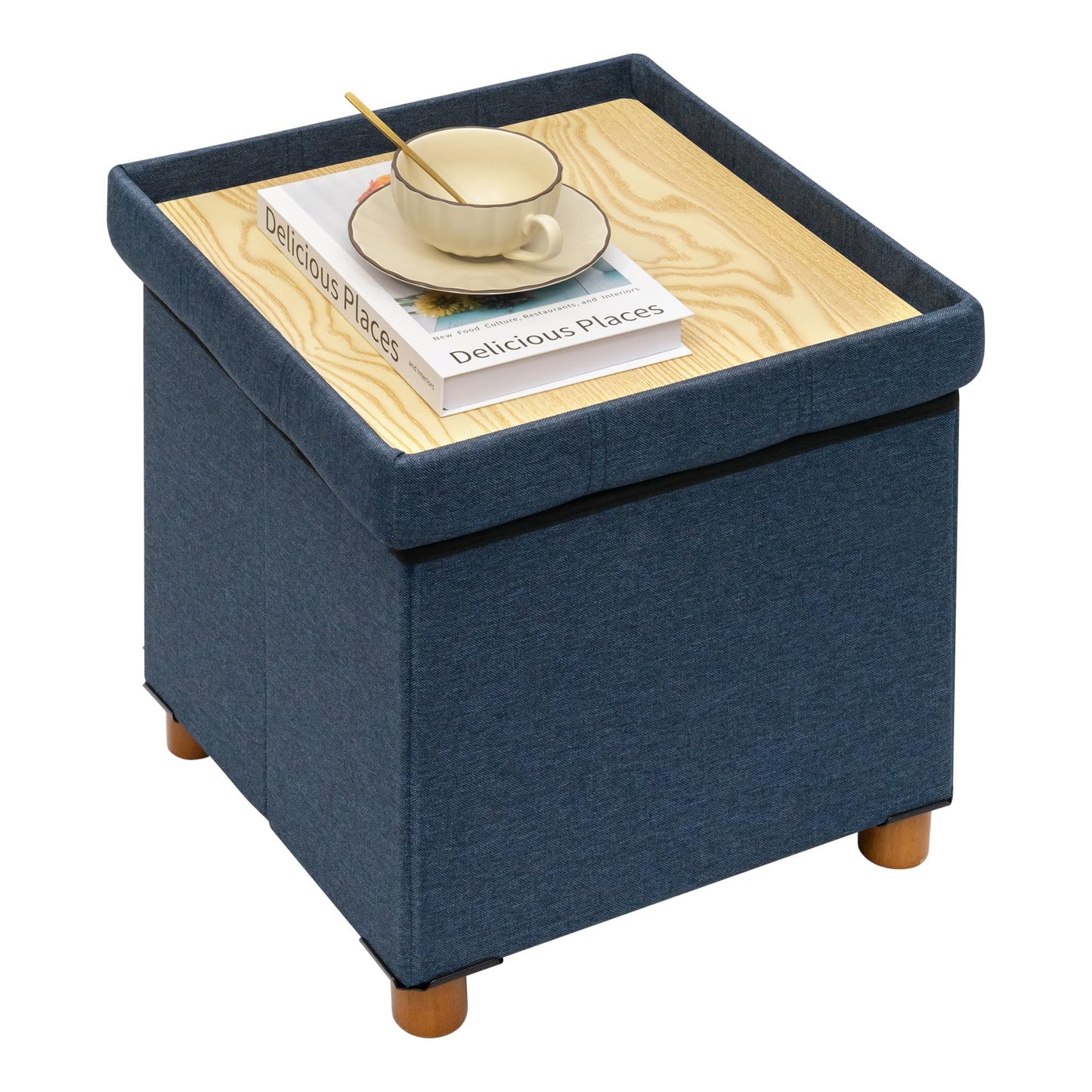 Bonlife Ottoman with Tray, Foldable Storage Box with Wooden Legs