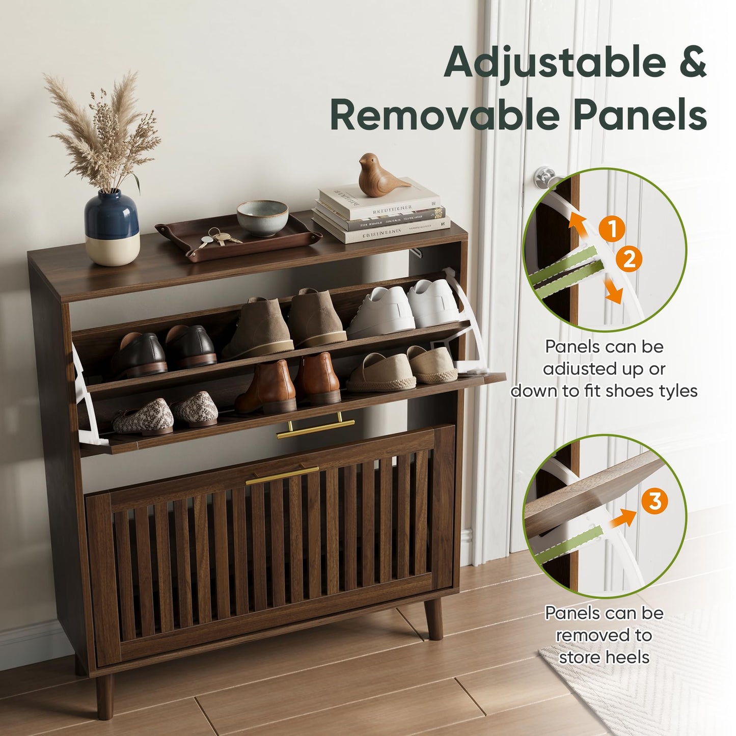 Smart FENDEE Shoe Storage Cabinet with 2 Flip Slatted Drawers, Narrow Wood Shoe Cabinet with Gold Handle, Hidden Entryway Shoe Organizer for Hallway
