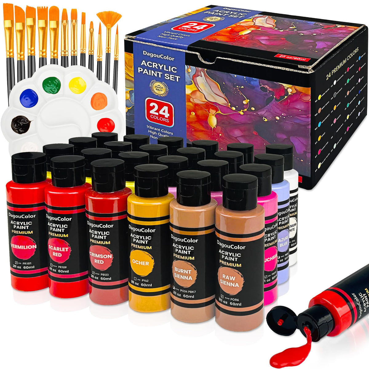 DagouColor 37 PCS Acrylic Paints Set - 24 Colors * 2oz/60ml Art Craft Paint Bottles, 12 Brushes, 1 Palette, Premium Art Supplies Gifts for Artists