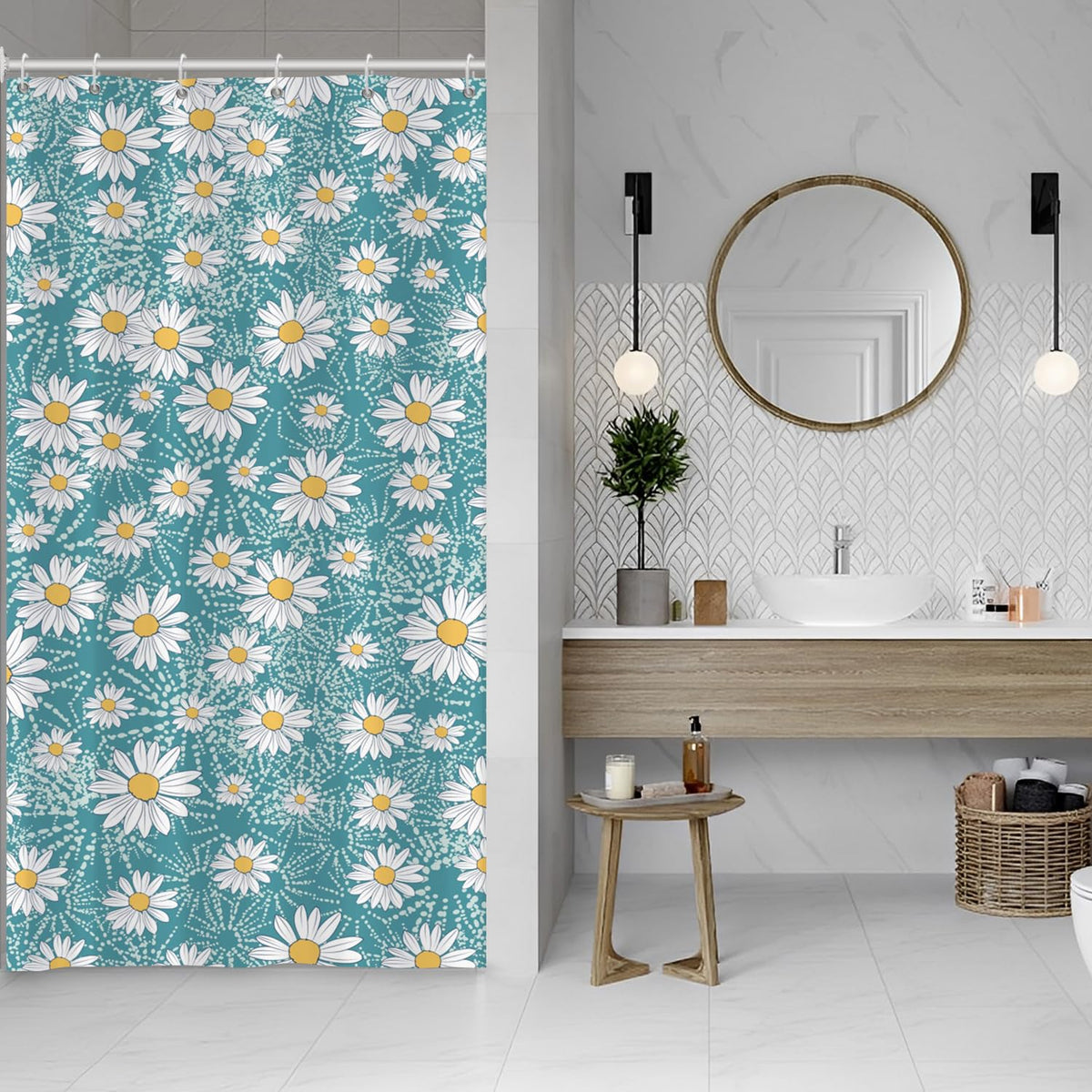 ASDCXZ Flower Shower Curtain 120x200 cm, Spring Summer White Yellow Daisy Flowers Blue Bath Washable Narrow Shower Curtains Polyester Textile
