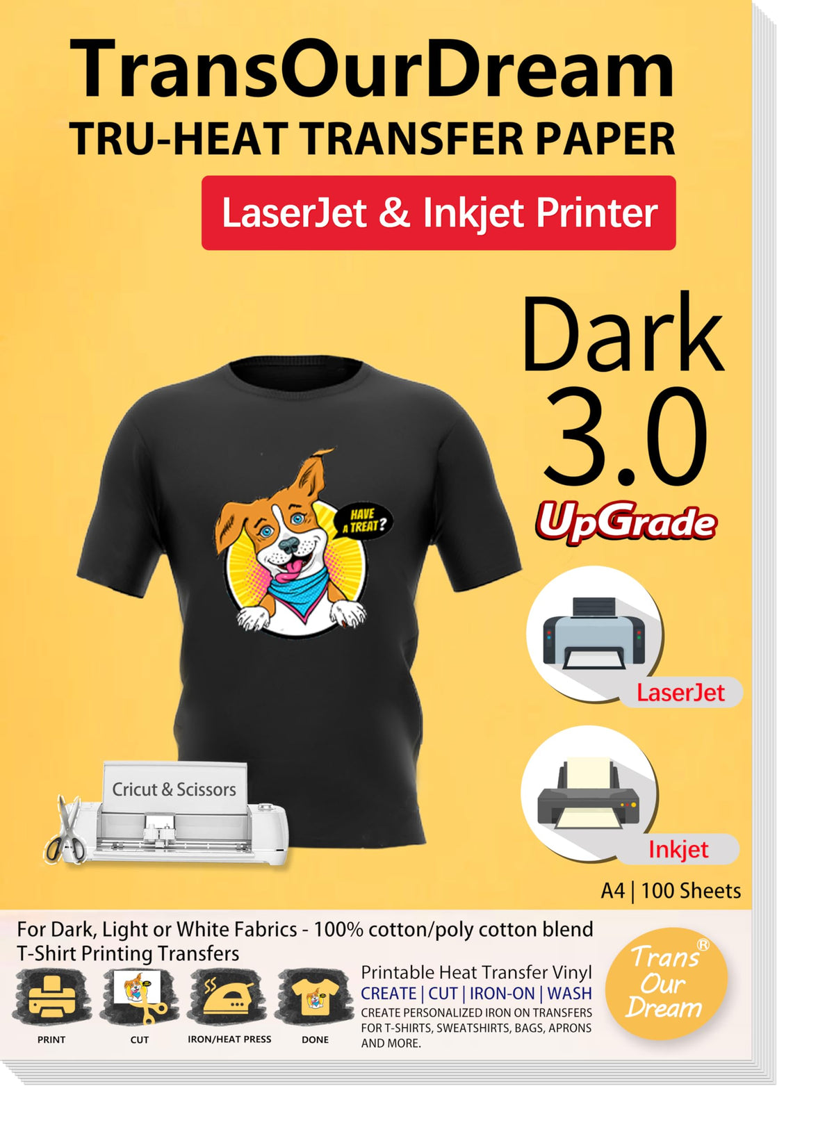 TransOurDream Tru-Transfer Paper Upgraded 3.0 100 Sheets A4 for Inkjet&Laser Printer Iron on Heat Transfer Paper for Dark Fabric Transfers for Black