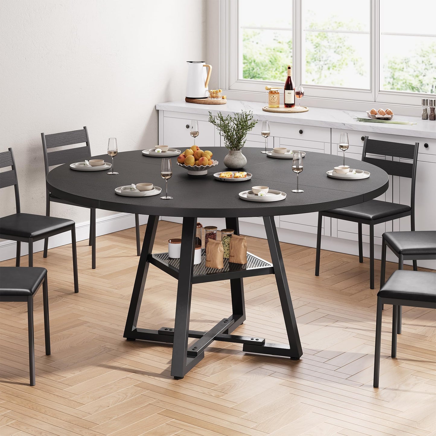 Jocoevol Round Dining Table for 4-6 People, Circle Dinner Table with Shelves, Space Saving Wood Kitchen & Dining Room Furniture (Black, 51 inch