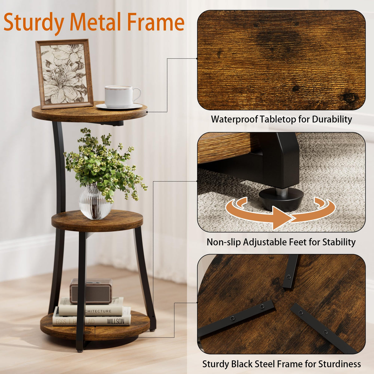 JUSTOGO Small Round Side Table, 3-Tier End Table for Small Spaces
