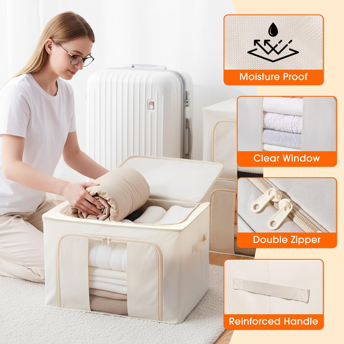 flaxarne Clothes Storage Boxes with Handles,Fabric Storage Boxes with Zipper Lids,Under Bed Organiser for Towel T-shirts Blankets,40×30×20 cm,Beige