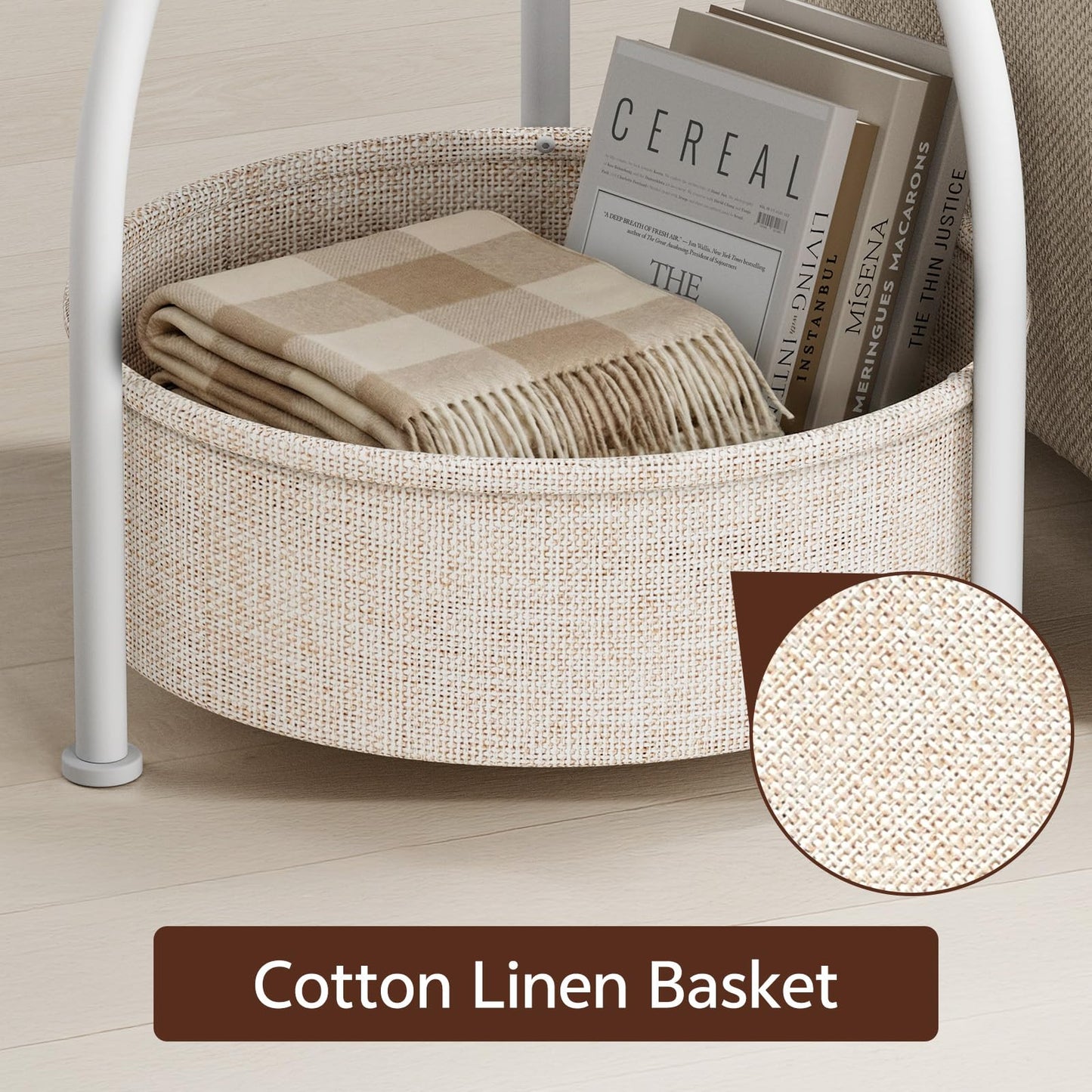 Yuede Side Table with Fabric Basket, Round End Table, 3 Tier Bedside Table, Coffee Table for Living Room, Bed Room, Modern, 40 x 61 cm, White