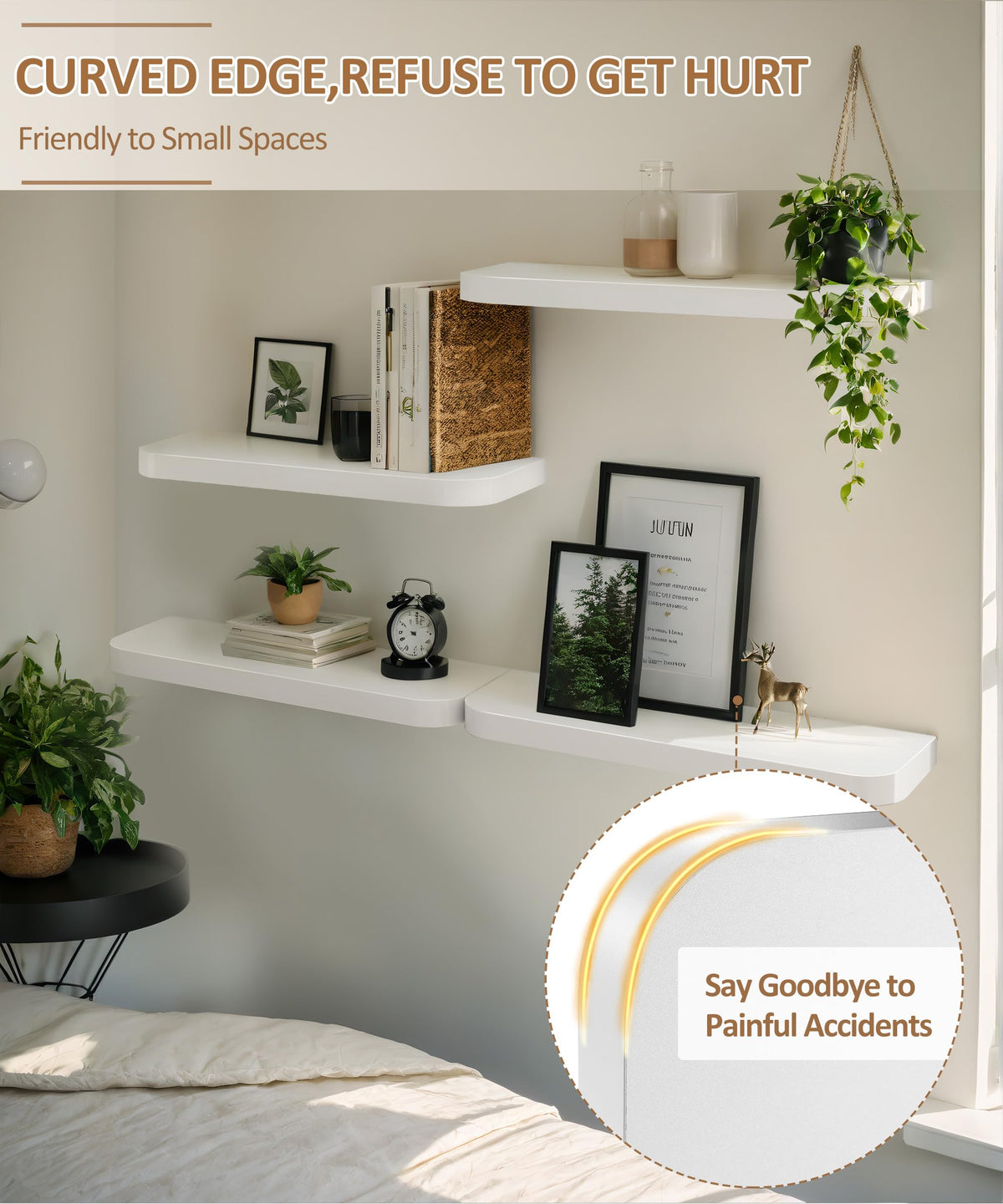 Gronda White Floating Shelves for Wall, Set of 2 Modern Midcentury Wall Mounted Shelf Curved Edge Design with Large Decor Storage Display Shelf for