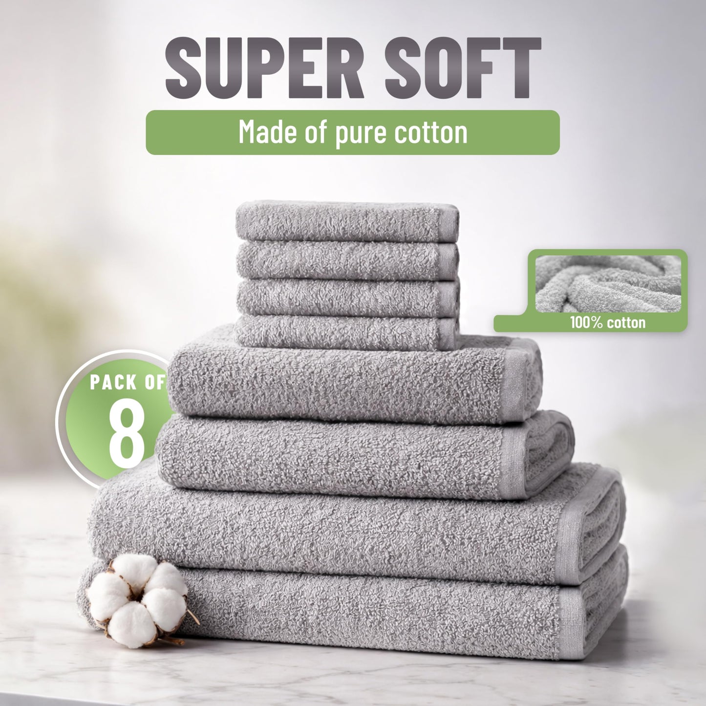 NatureMark 8-Piece Terry Towel Set with Various Sizes – 4 Guest Towels, 2 Hand Towels, 2 Bath Towels | Colour: Silver Grey | 100% Cotton