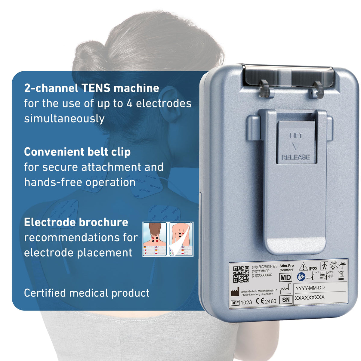 axion TENS Machine for Pain Relief STIM-PRO Comfort - with 4 pcs of 5x5cm Electrode Pads | Dual Channel TENS unit for muscle and nerve stimulator