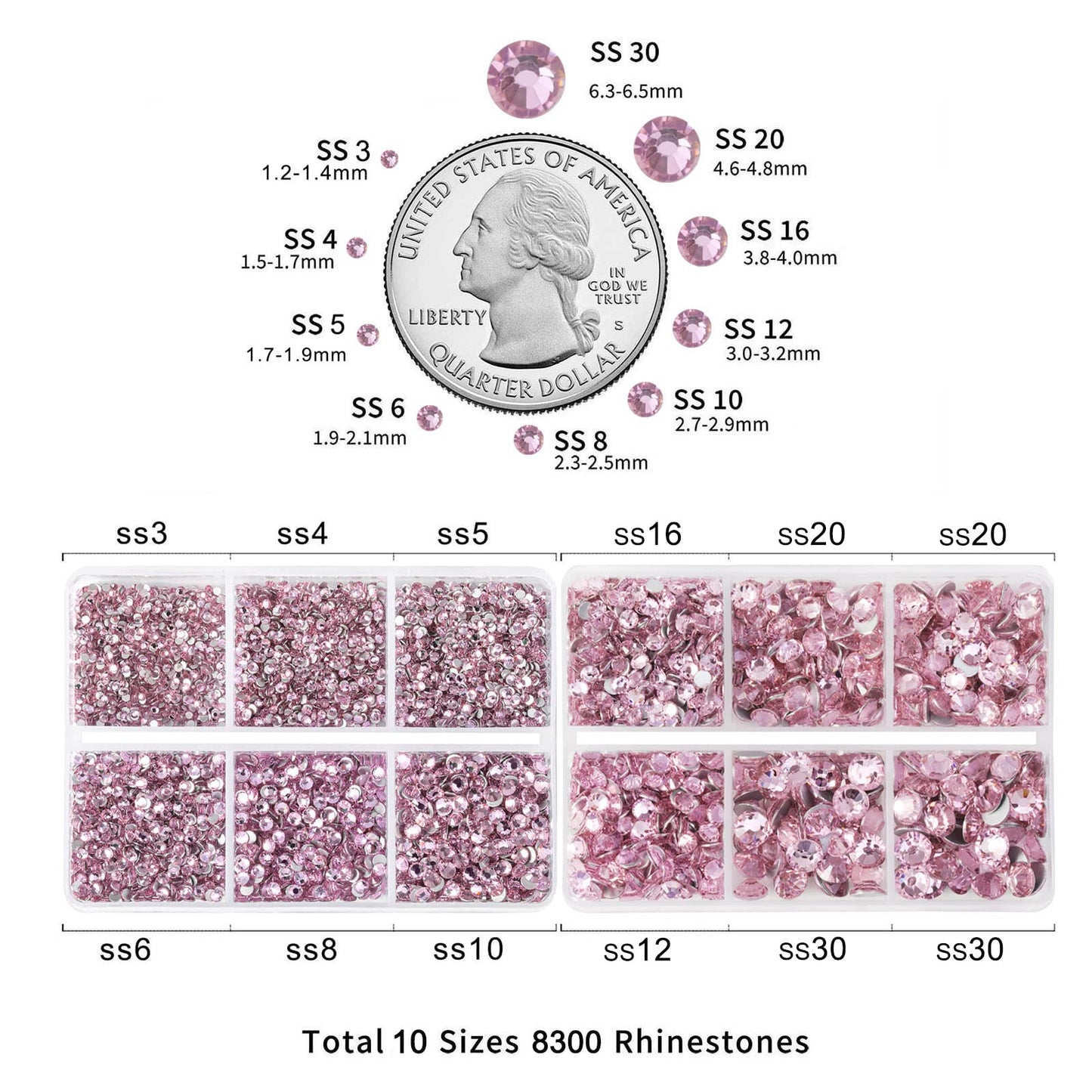 Beadsland 8300PCS Flatback Rhinestones, Pink Rhinestone Nail Gems Round Crystal Rhinestones for Crafts, Mixed 10 Sizes with Wax Pencil and Tweezer