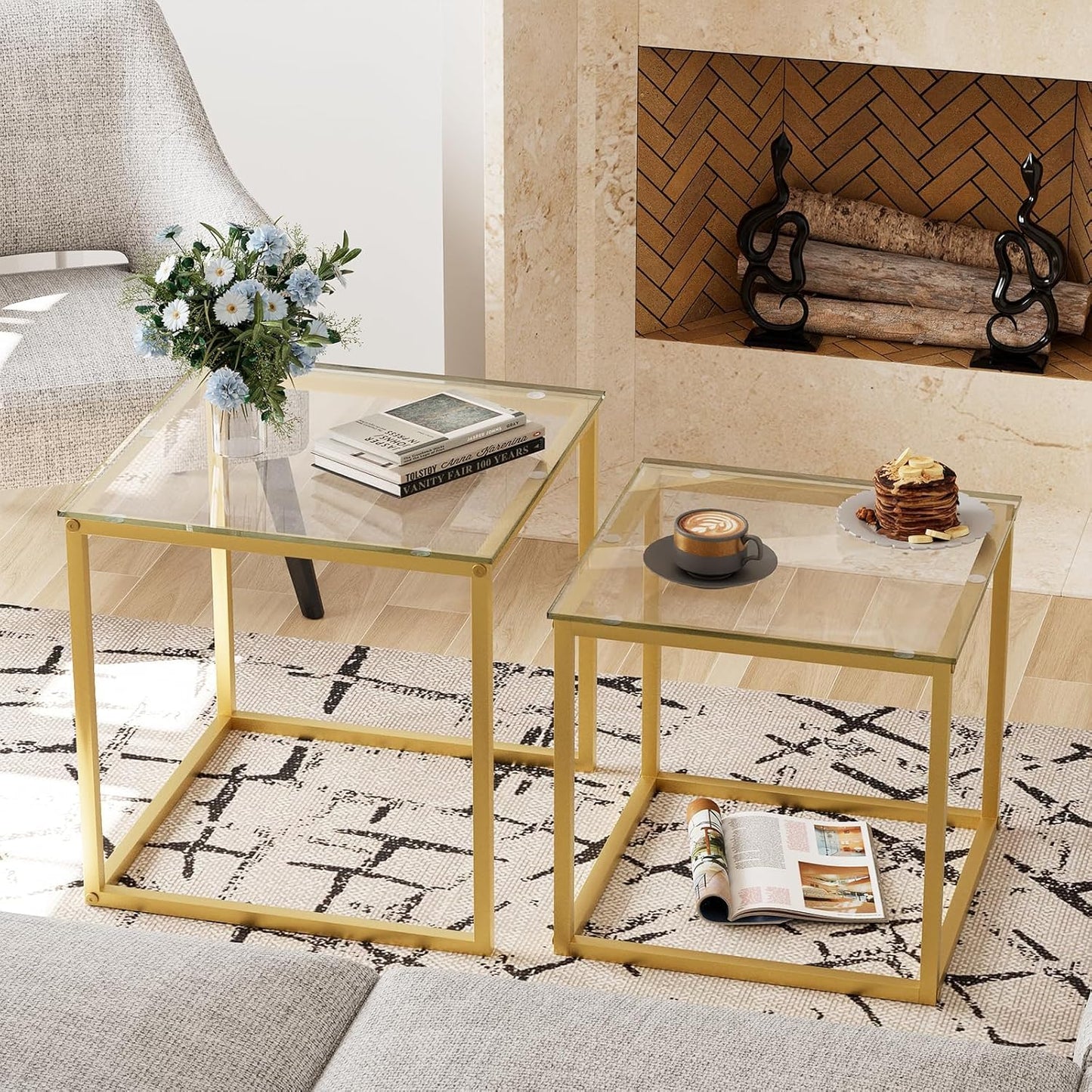 Huhote Nesting Tables, Set of 2 End Table, Coffee Tables, Glass Side Table