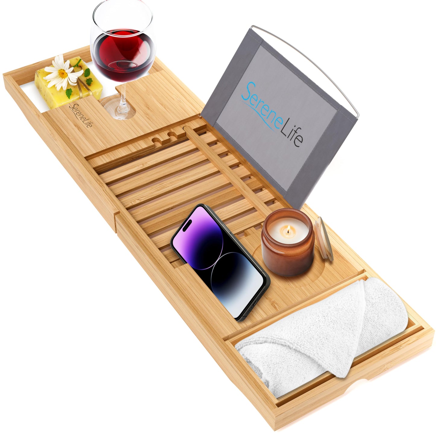 SereneLife Bamboo Bath Caddy Tray, Extendable Bath Shelf with Foldable Design, Wooden Bath Board for Relaxing Baths, Adjustable & Easy Storage, Fits