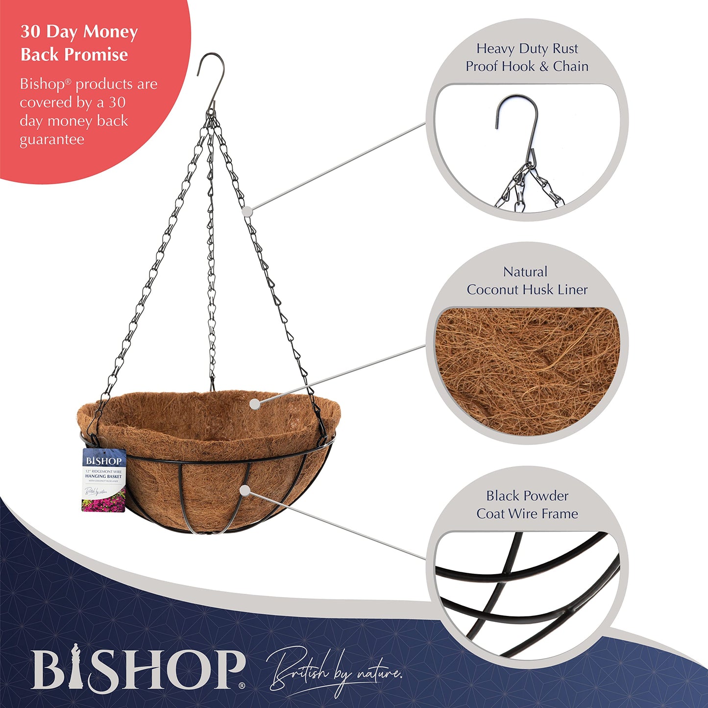 Bishop Hanging Basket With Liner ? Includes Coco Liners for Hanging Baskets, 12 inch Black Wire Basket ? Ideal Gardening Gifts For Mum ? Great Garden