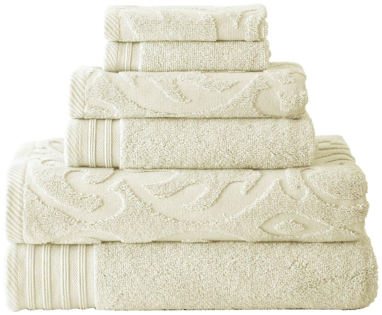 Amrapur Modern Threads 6-Piece Medallion Jacquard/Solid Ultra Soft 500GSM 100% Combed Cotton Towel Set Ivory
