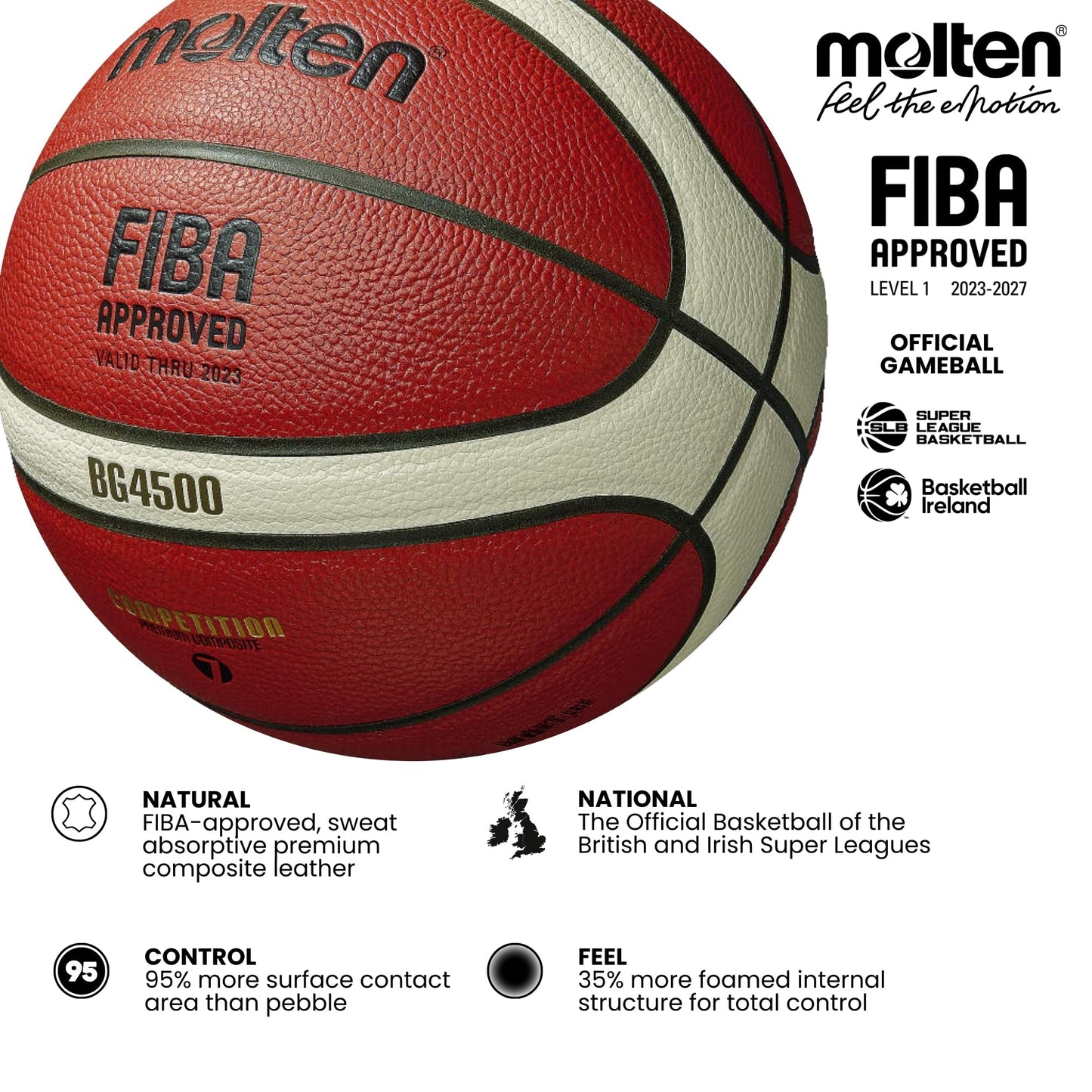 Molten BG4500 Basketball, Match Ball, BBL & WBBL, FIBA Approved, Premium Composite Leather, Indoor Play, Orange/Ivory, Size 7, Suitable For Boys age