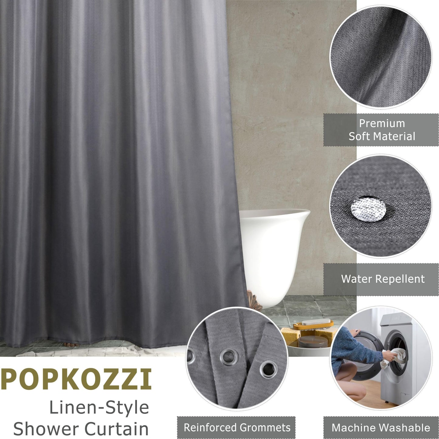 Grey Shower Curtain for Bathroom: Water Repellent Quick Dry - 200Lx183W