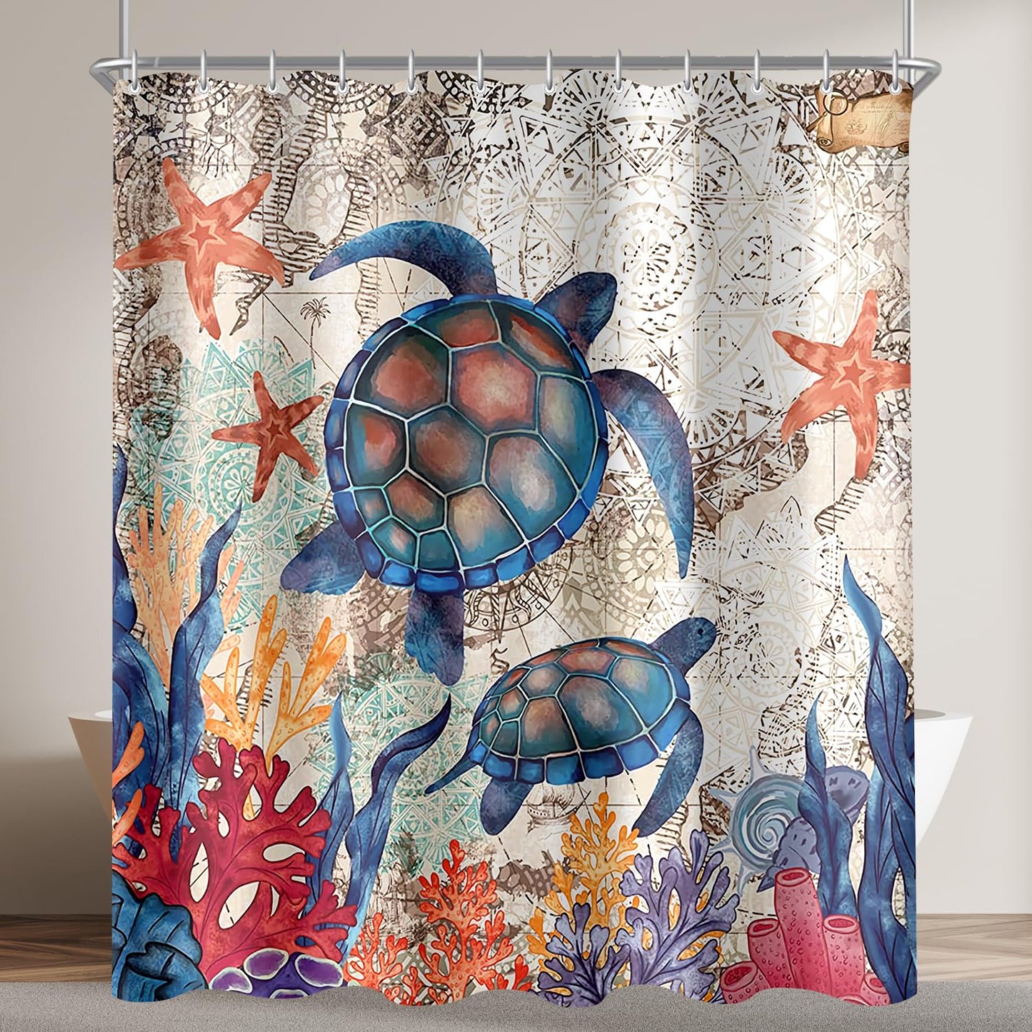 Lerores Shower Curtain, 180 x 200 cm, Turtle Starfish Anti-Mould Textile, Weighted Hem Water-Repellent, Washable Polyester Bath Curtains with 12