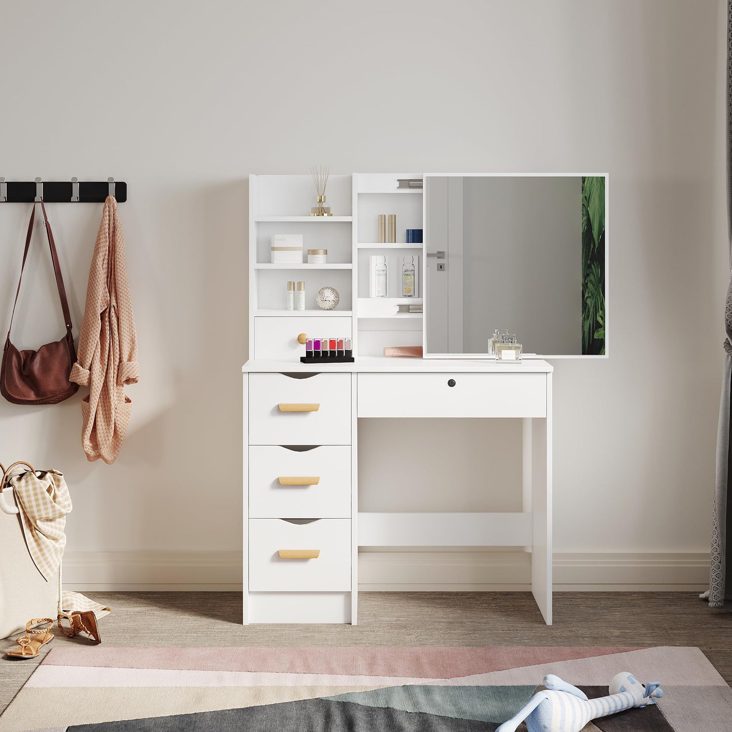 ZANOFIRA Dressing Table with Sliding Mirror, LED Lights with Adjustable Brightness, Makeup Desk with 3 Drawers & 4 Shelves