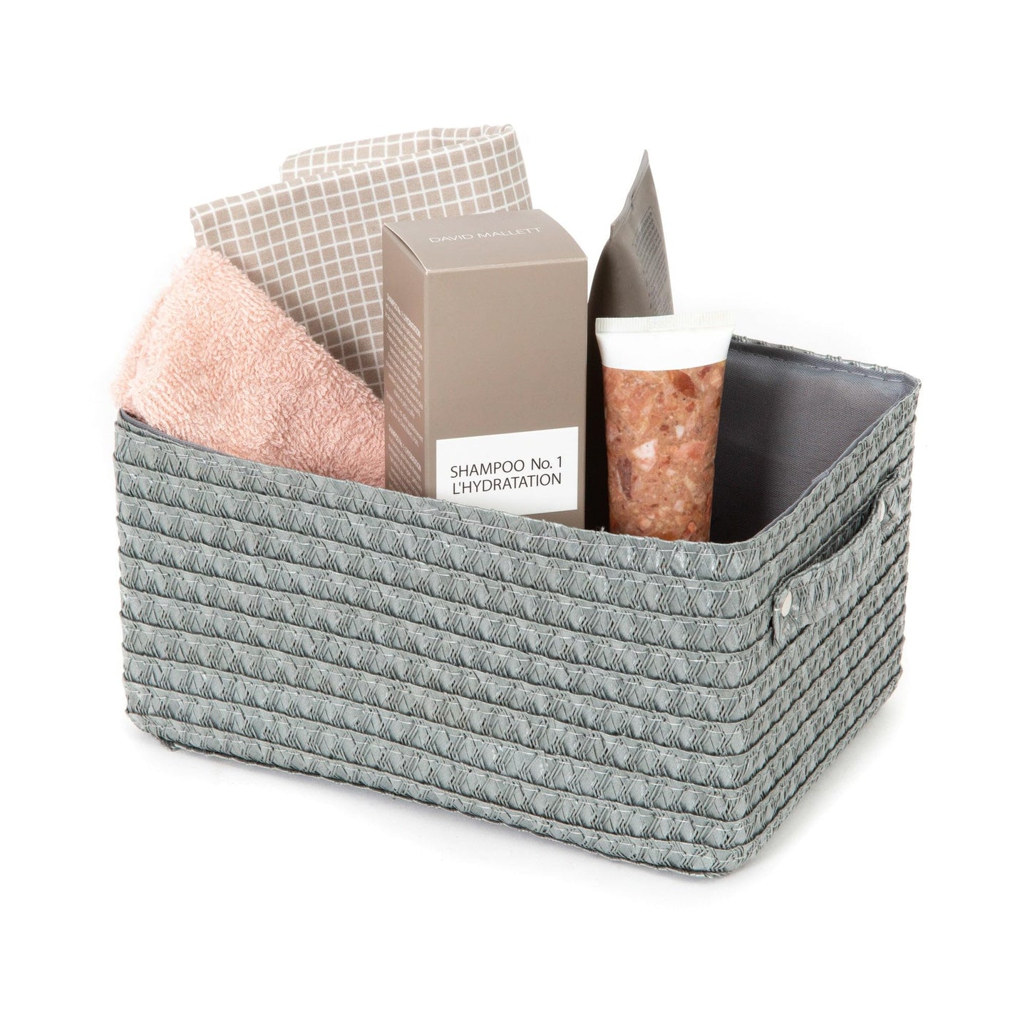 Compactor Rectangle Storage Basket with Pull Handle, Woven Storage Box Reinforced with Cardboard, For Cupboard, Desk and Shelf Storage