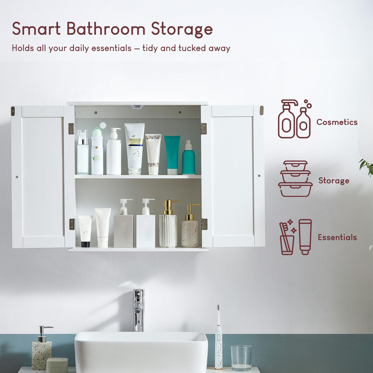 Bath Vida Bathroom Cabinet Double Door Shutter Wall Mounted Storage Shelf, White