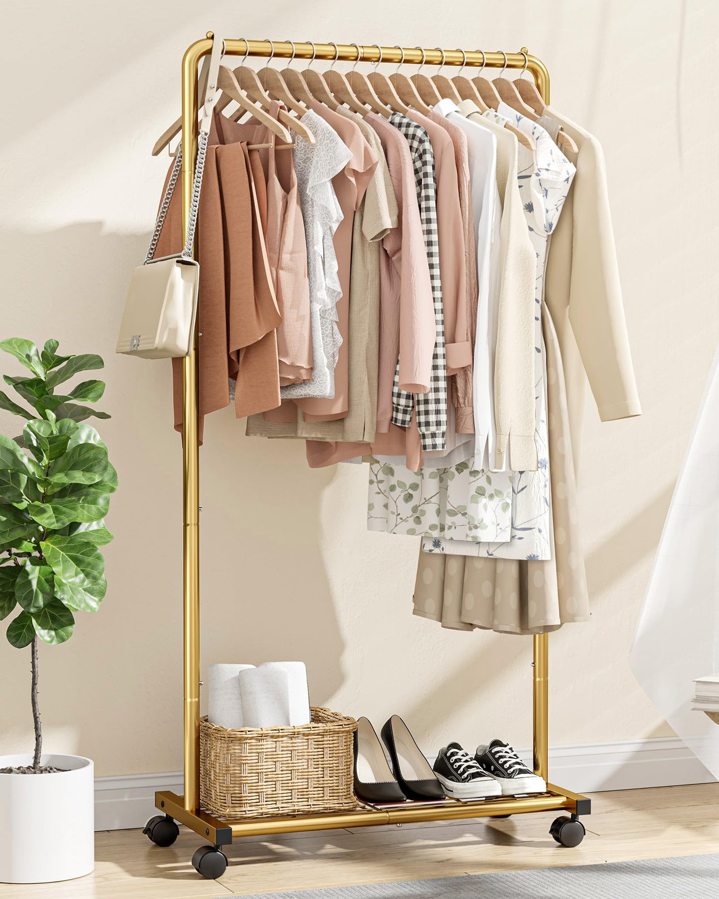 Sakugi Clothes Rail - Movable Clothes Rack with Bottom Shoes Shelf, Heavy-Duty Clothing Rail for Hanging Clothes, Coats, Dresses, Clothes Rail for