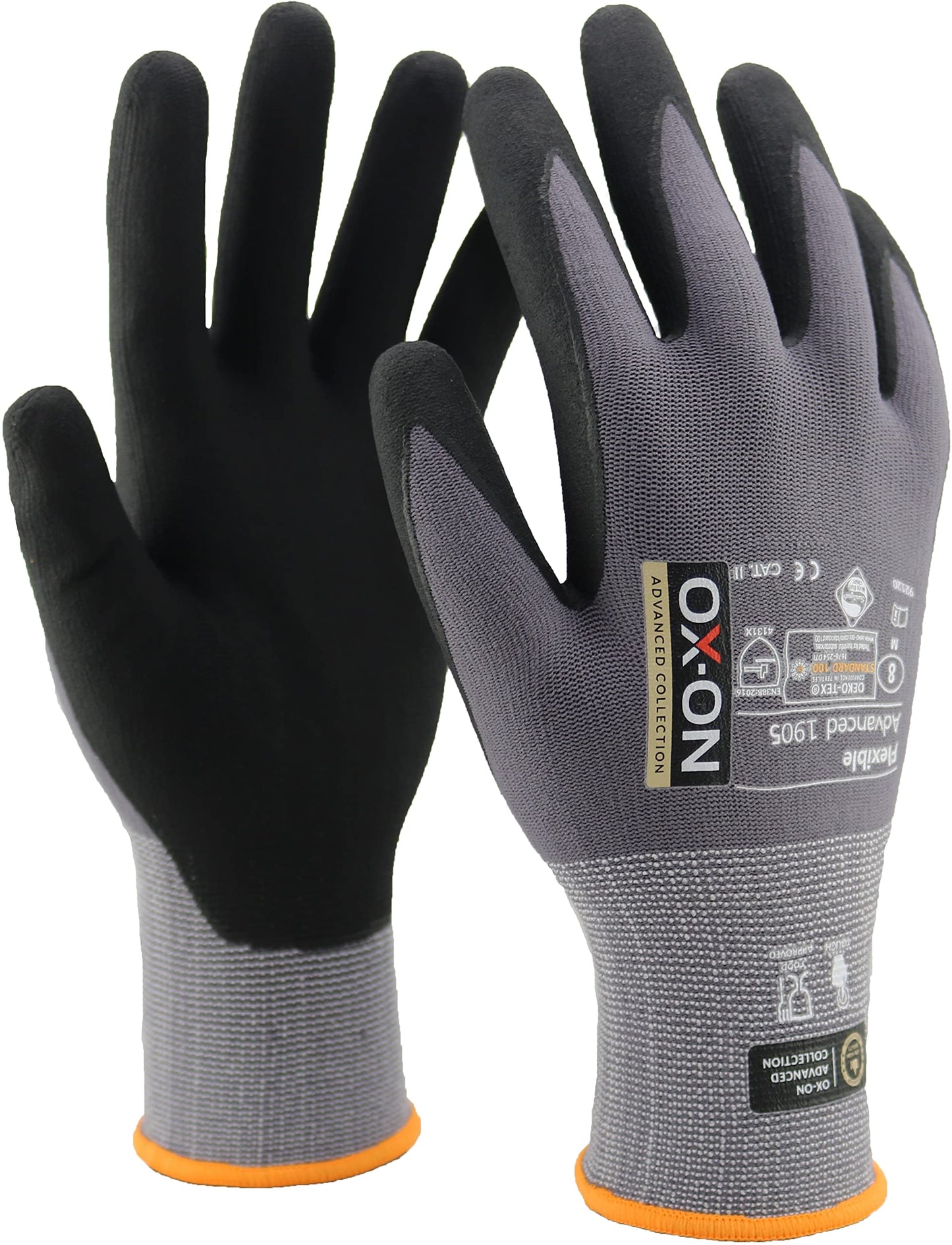 OX-ON Flexible Advanced 1905 Grey Work Gloves, Size 11/2XLarge, 12 Count, Touch Screen Compatible, Breathable, Durable Nitrile Palm, Oeko-Tex