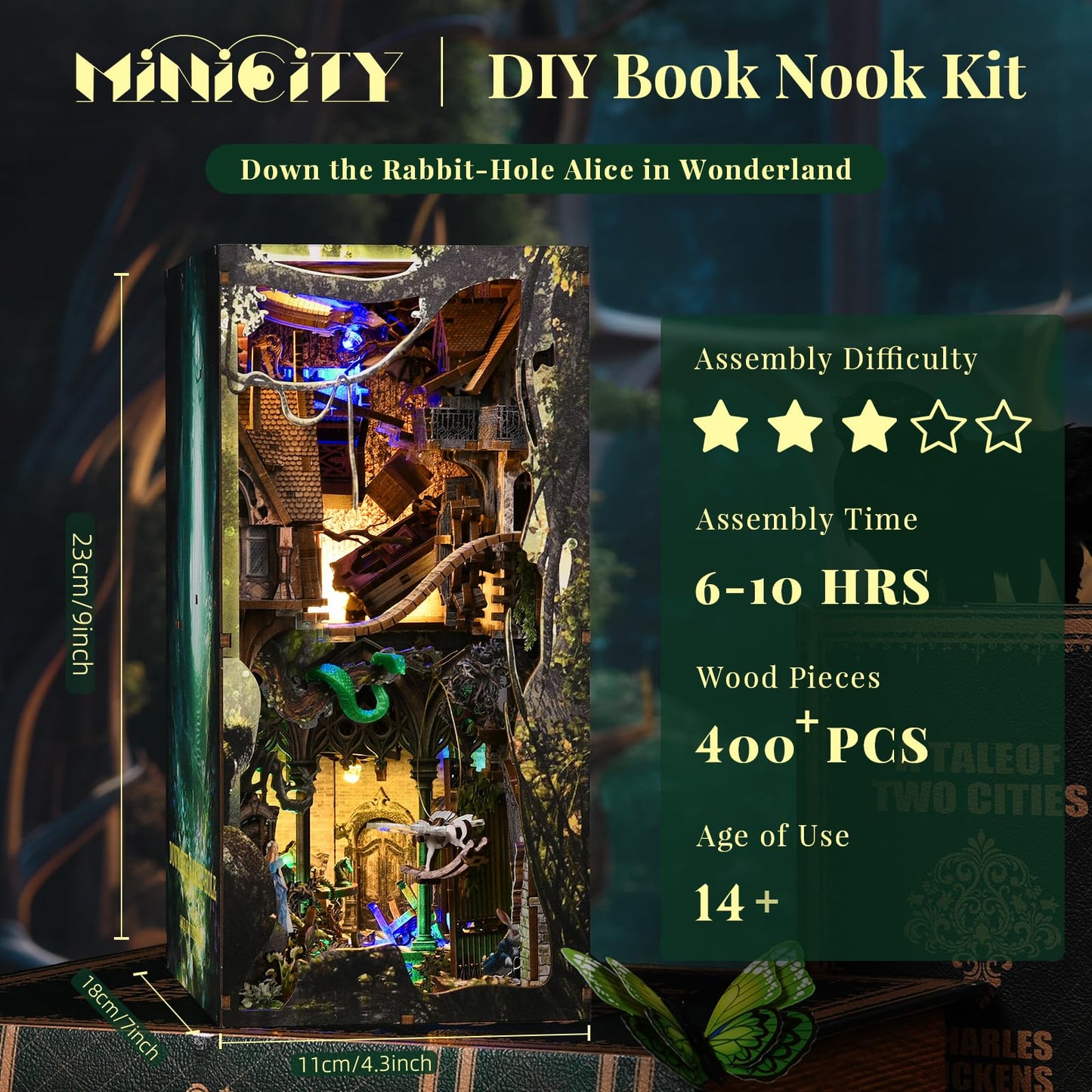 MiniCity Book Nook Kit, DIY Dollhouse Booknook, Miniature Kit for Bookshelf Insert Decor Crafts for Adults Teen Halloween, 3D Wooden Puzzle with Led
