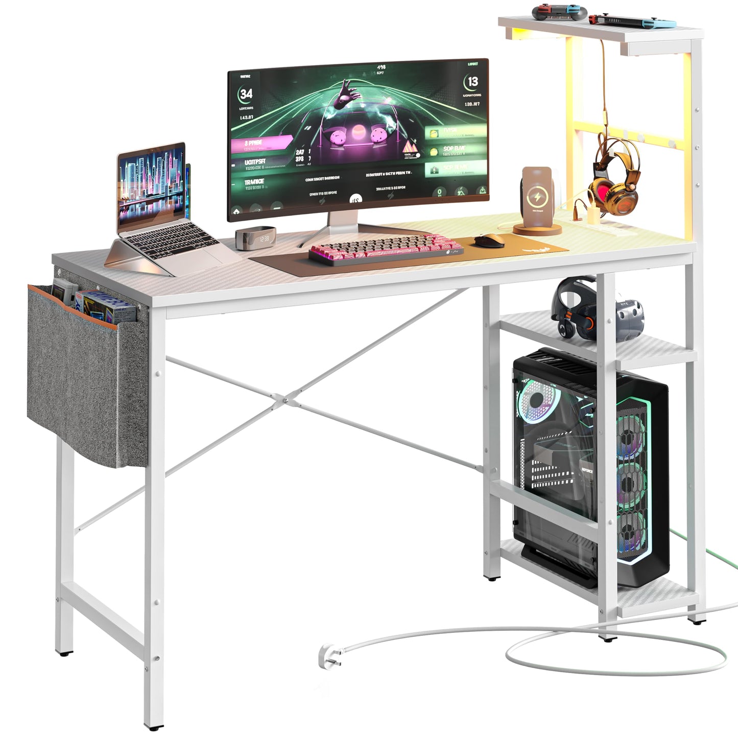 Bestier 113CM Corner Computer Desk with Power Outlets Computer Desk with LED Lights Reversible Writing Table with Side Pocket Storage Bag &