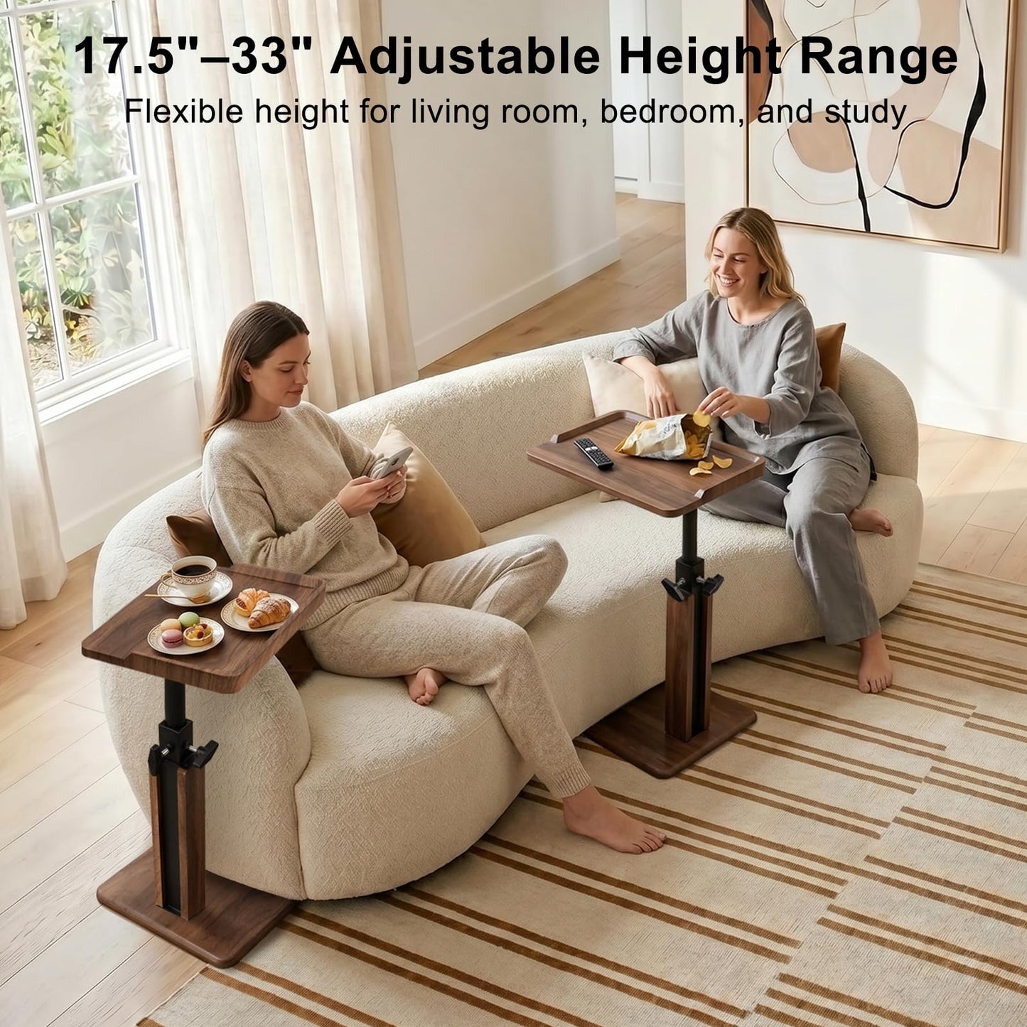 Bingyouth C Shaped Side Table for Sofa, Height Adjustable 45-80 cm Walnut Sofa Table with Raised Tray Edges, End Table for Living Room