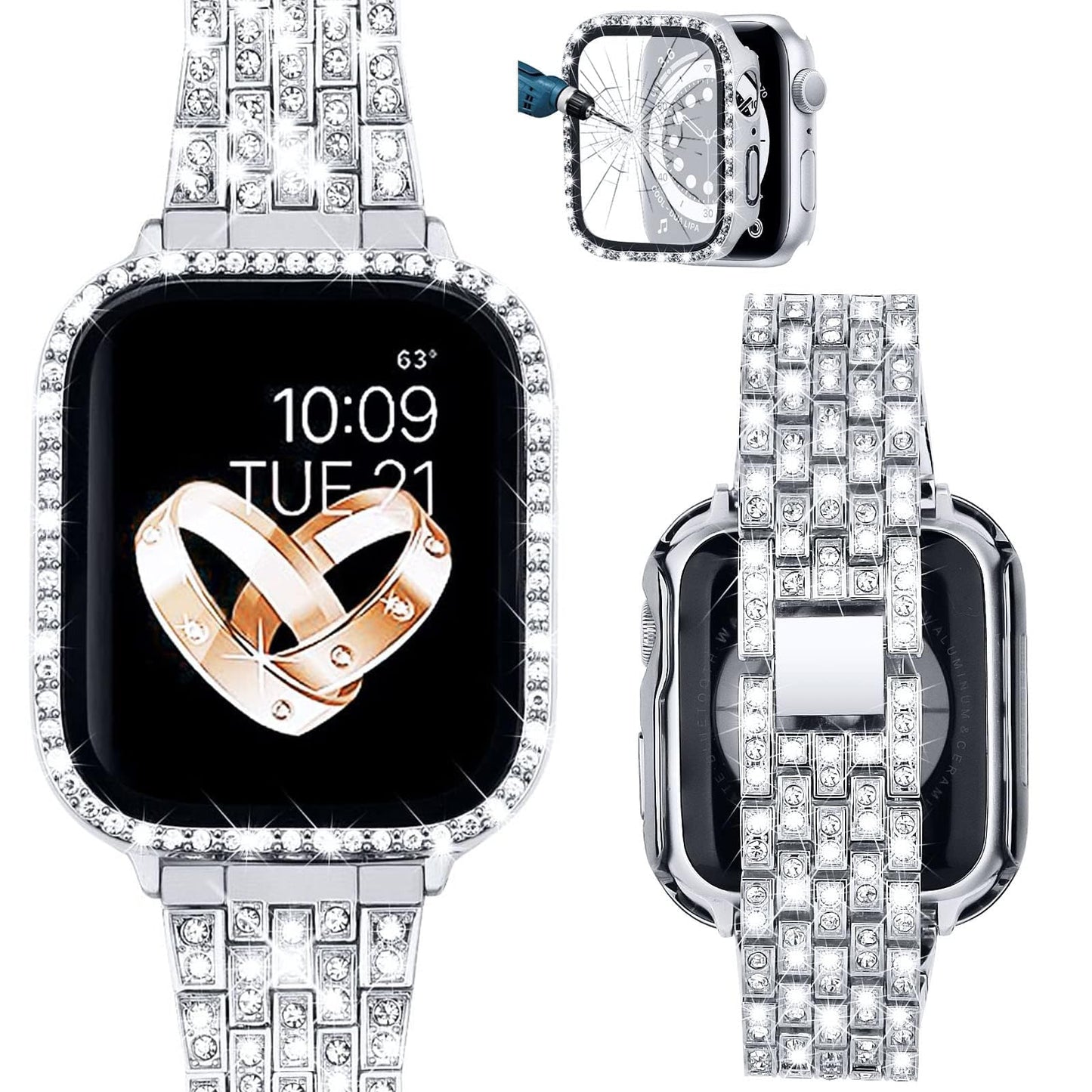 VISOOM Women Metal Straps Compatible with Apple Watch Straps 40mm Series SE 6 5 4, Elegant Sparkle Diamond Jewelry Strap with Protective Case for
