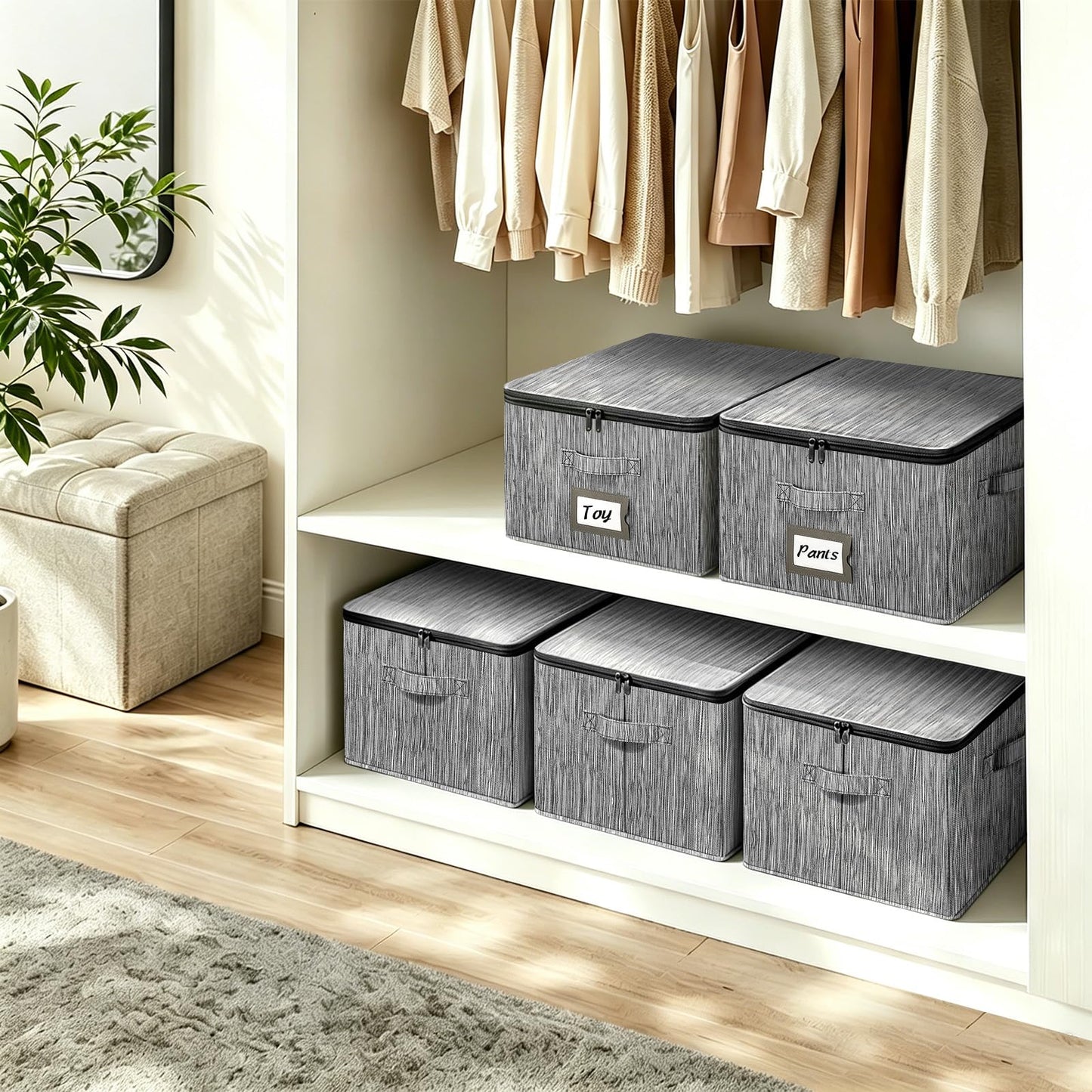 BrilliantJo Storage Boxes with Lids set of 3, Clothes Organiser with Label Holder & Double Zips 40x30x25cm Retro Striped