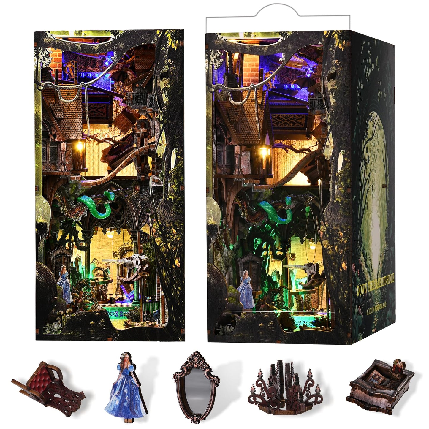 MiniCity Book Nook Kit, DIY Dollhouse Booknook, Miniature Kit for Bookshelf Insert Decor Crafts for Adults Teen Halloween, 3D Wooden Puzzle with Led
