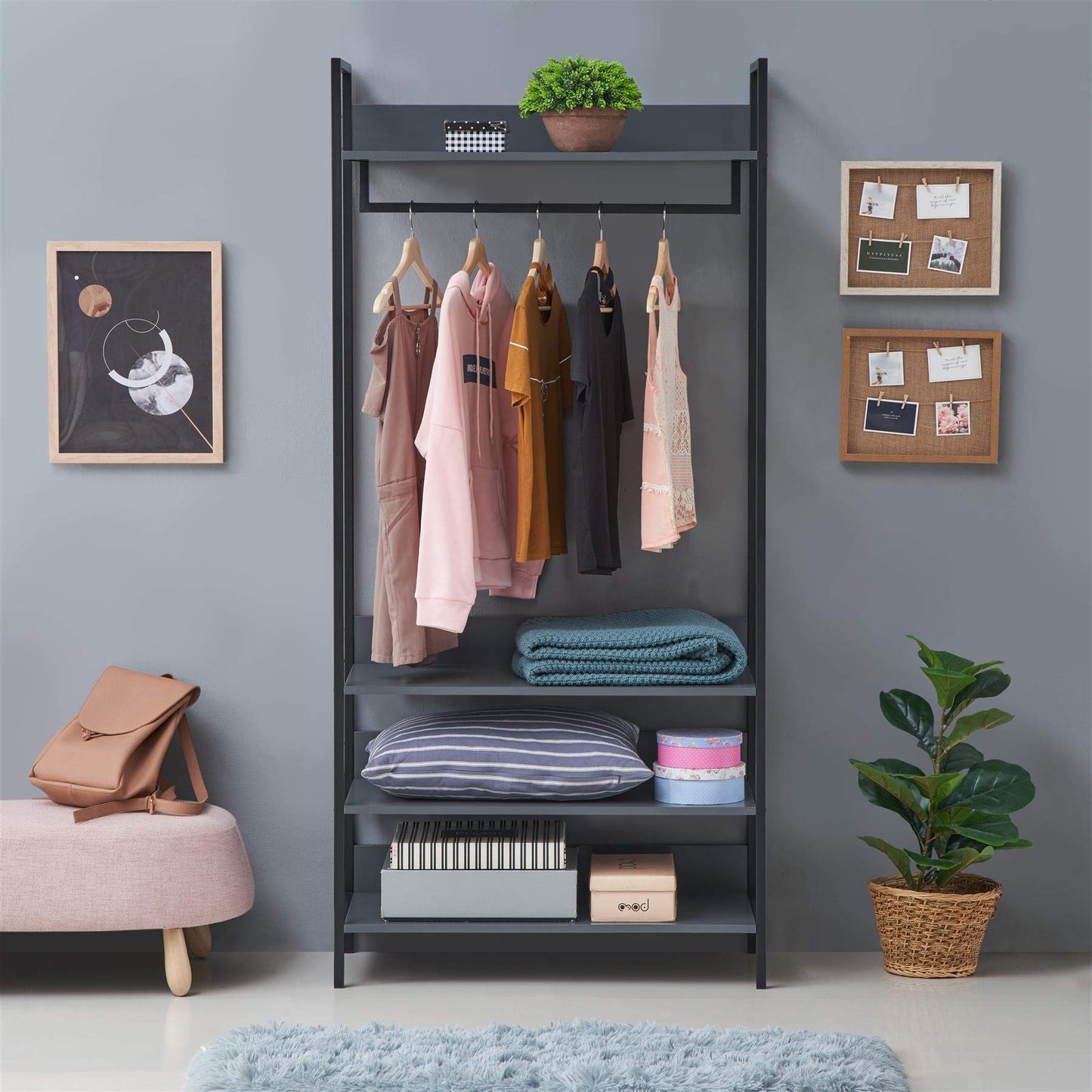 TAD TIMBER ART DESIGN UK Zahra Bedroom Double Open Wardrobe 4 Shelves Furniture Storage Cupboard,Metal Frame&Hanging Rail Dark Grey H 180cm x W 83.8cm