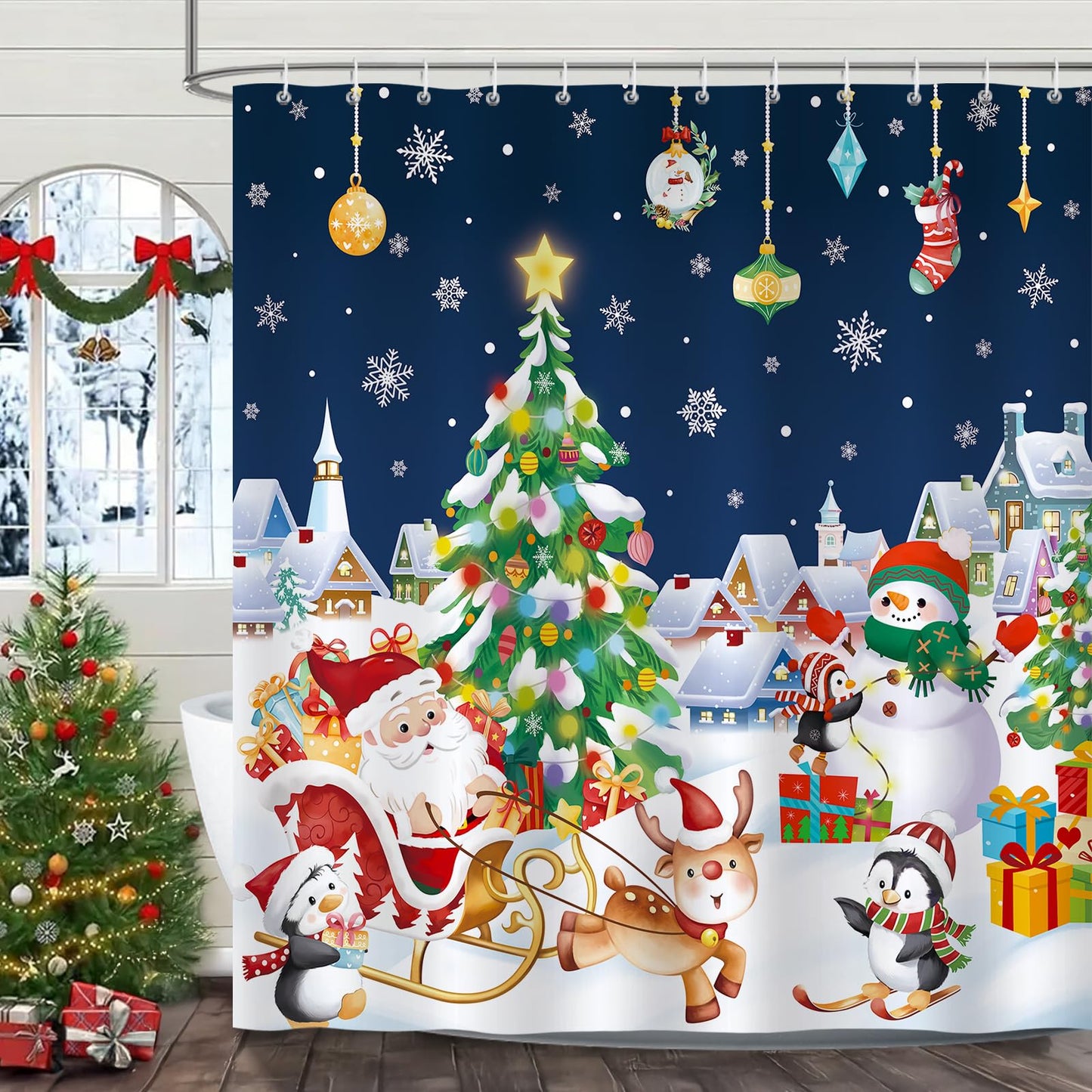 Bonhause Christmas Shower Curtain, Xmas Tree Winter Snowman Cute Santa Claus Bathroom Curtain 180 x 180 cm Waterproof Mildew and Mould Resistant