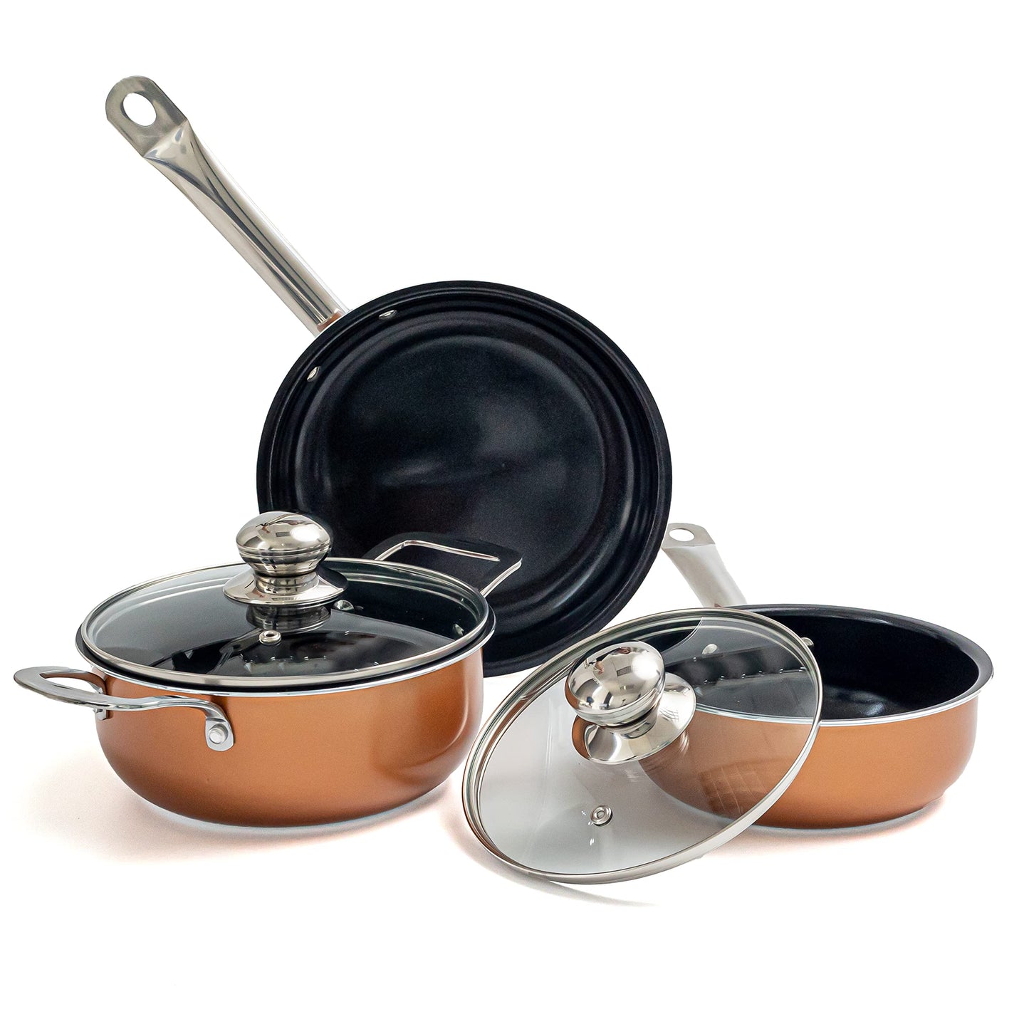 Non-Stick Cooking Pans and Pots Set - 5 pcs Oven Safe Copper Cookware - Induction Hob Saucepan Pots with Lids - Kitchenware Frying Pan - by Nuovva