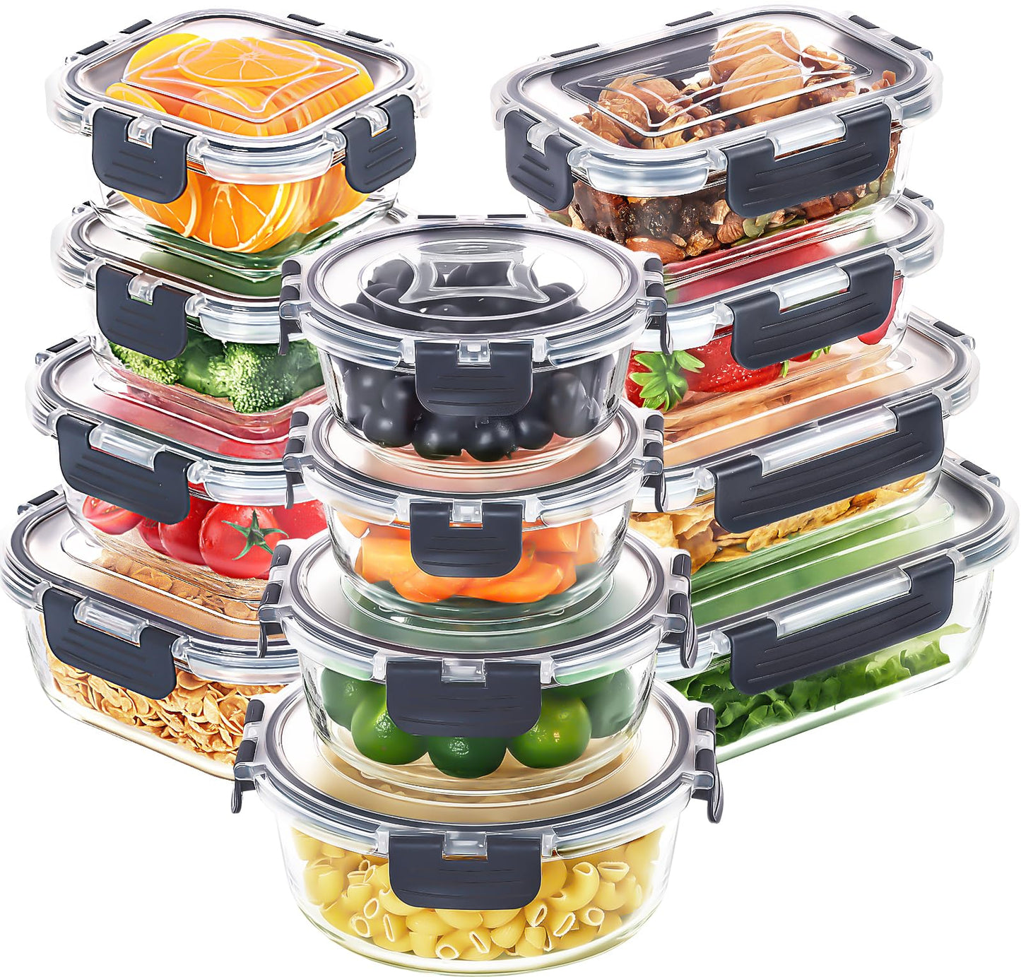 Skroam 12 Pack Glass Food Storage Containers with Lids, Meal Prep, Pantry Kitchen Storage Containers for Lunch, Leak Proof, Airtight Glass Lunch Bento