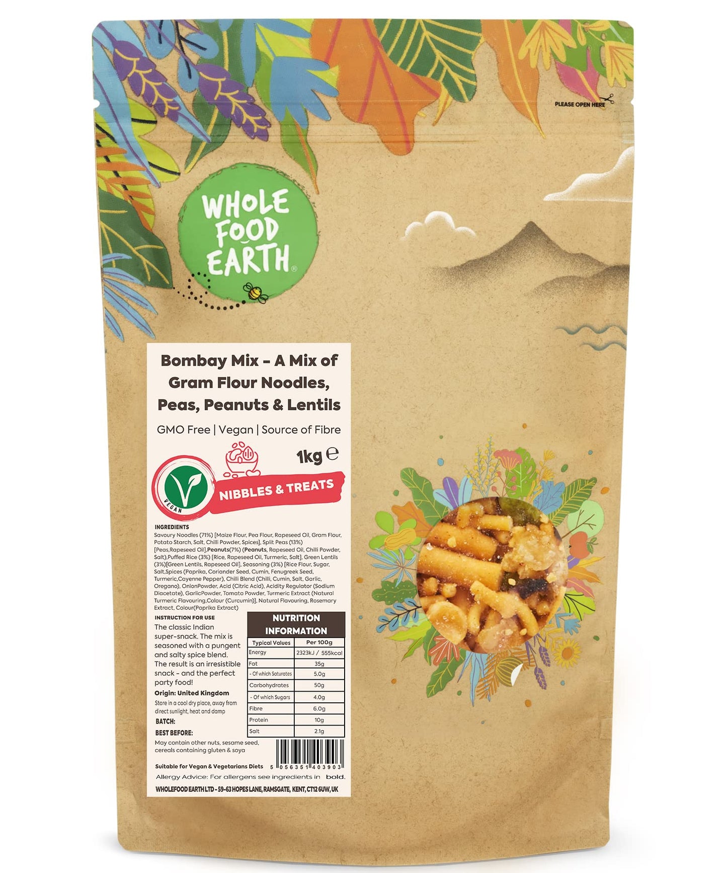 Wholefood Earth Bombay Mix - A Mix of Gram Flour Noodles, Peas, Peanuts and Lentils 1 kg | GMO Free | Source of Fibre