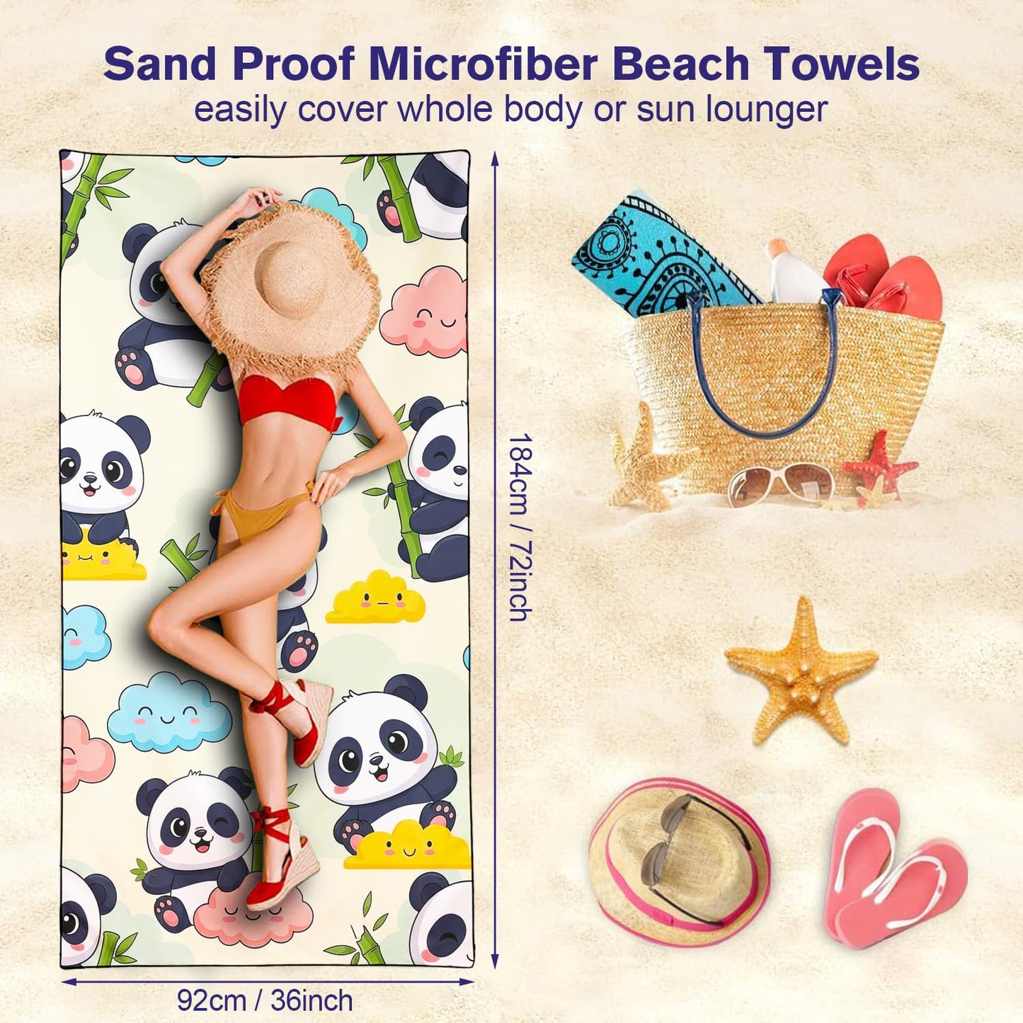 Violetpos Cute Panda & Cloud Beach Towel, Extra Large 180x90 cm 250GSM Microfibre, Sand Free Quick Dry