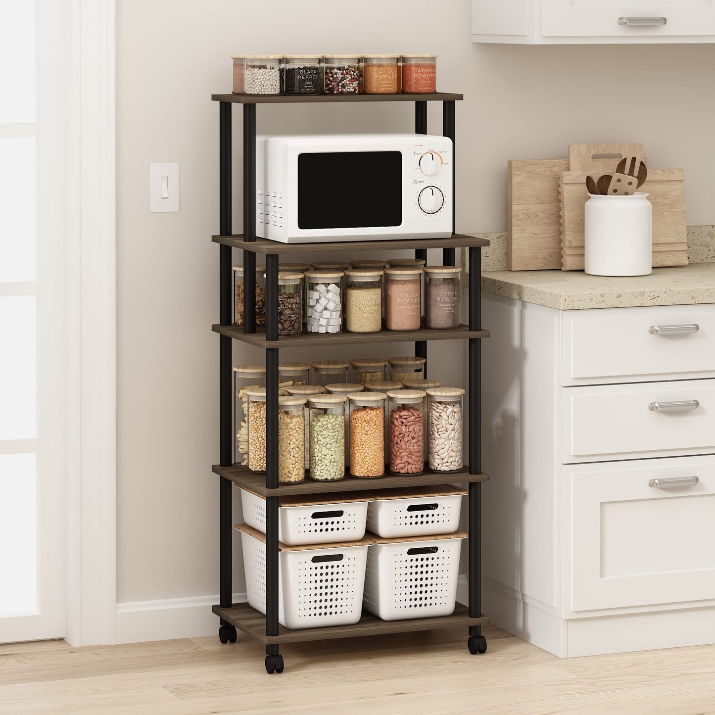 Furinno TURN-N-TUBE Bakers Rack with Wheels, 5-Tier Kitchen Storage Cart, Kitchen Cart, Coffee Bar, Pantry Organizers and Storage, Columbia Walnut